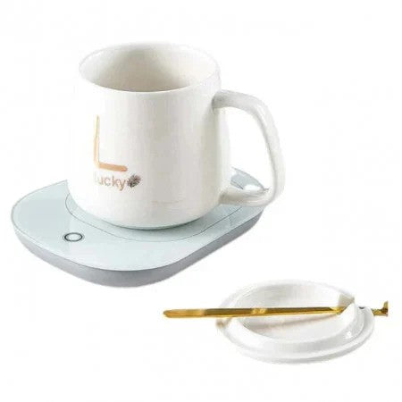 Cana de cafea din ceramica, cu capac si lingurita, incalzitor cu USB, 55 grade, controlul temperaturii