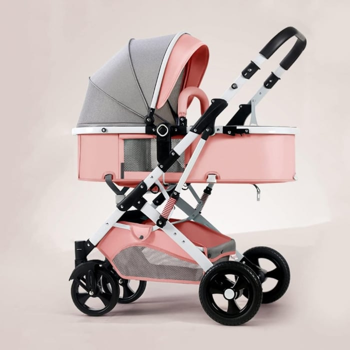 Carucior 2 in 1 pentru copii, pliabil, cu suspensii, transformabil landou-sport, 0-36 luni, cos pentru accesorii, Roz