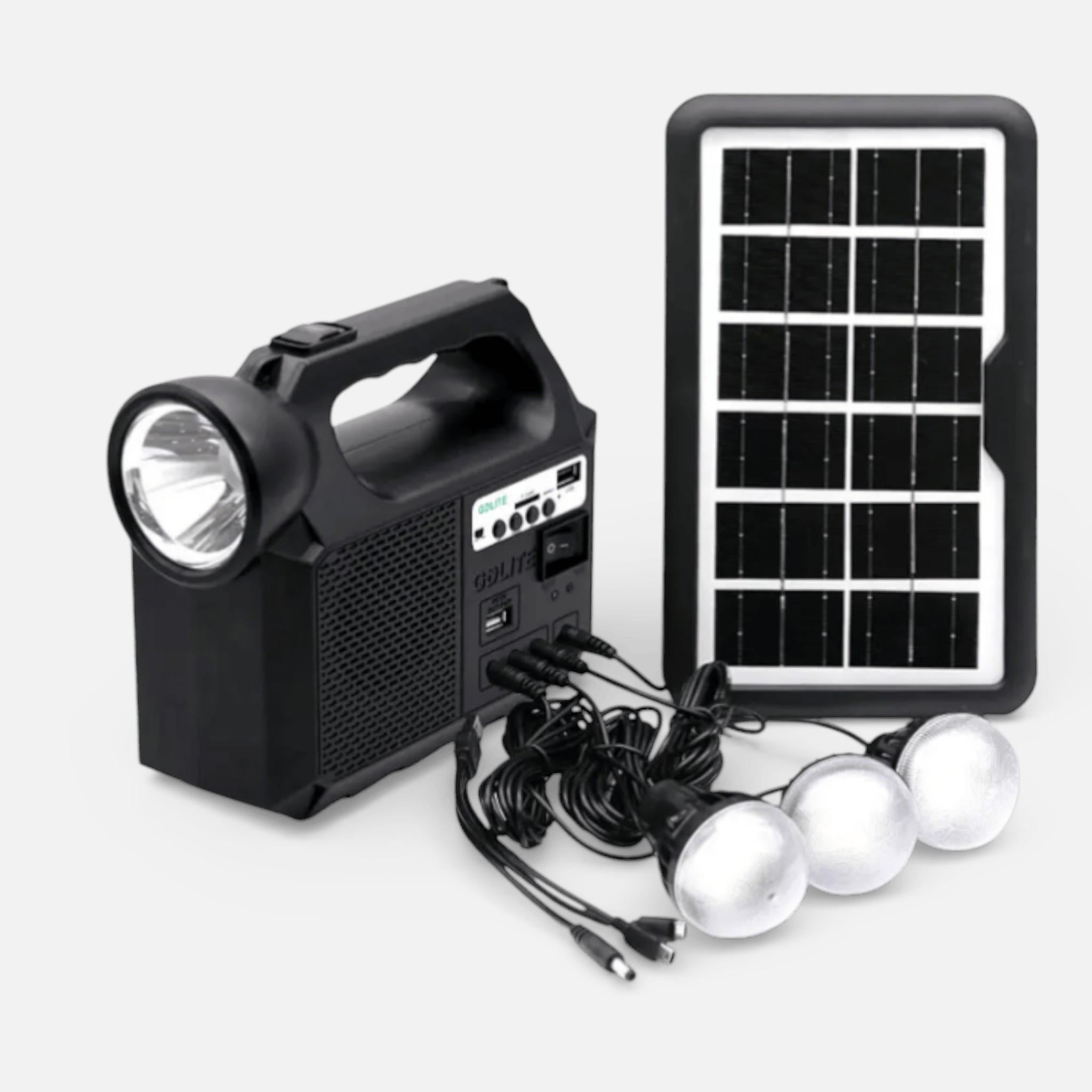 Kit Solar Portabil GDLite GD-8017M, Panou solar, USB, Bluetooth, Radio FM, MP3, Lanterna LED, 3 Becuri Incluse, Incarcare telefonica