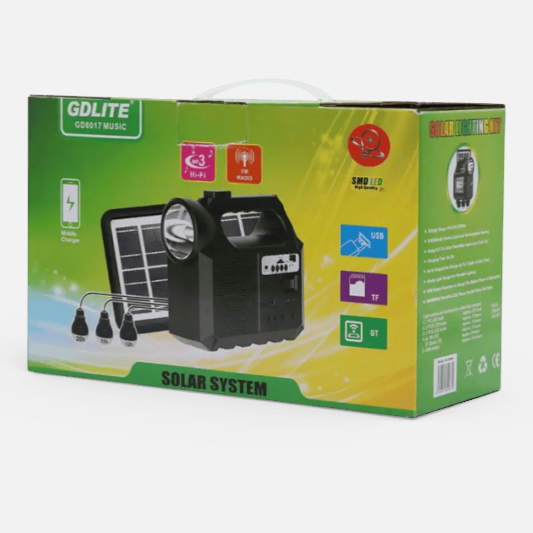 Kit Solar Portabil GDLite GD-8017M, Panou solar, USB, Bluetooth, Radio FM, MP3, Lanterna LED, 3 Becuri Incluse, Incarcare telefonica
