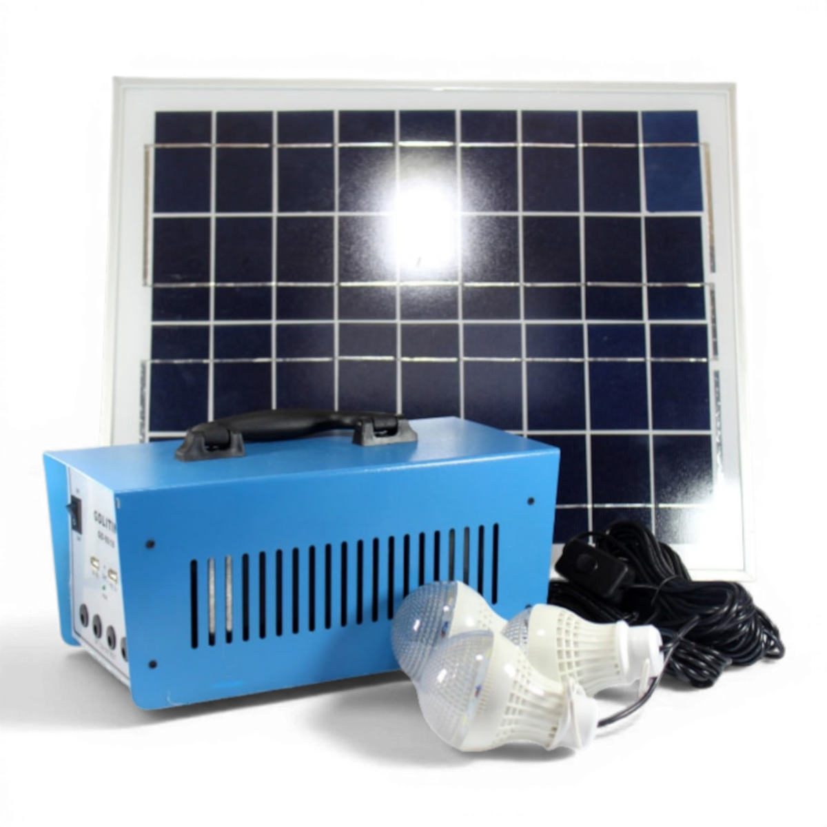 Sistem Fotovoltaic GD Liting GD-8018 – Sistem 12V/12Ah 100W cu Panou Solar 18V/20W, 3 Becuri, Ieşire USB, Alimentare 220V