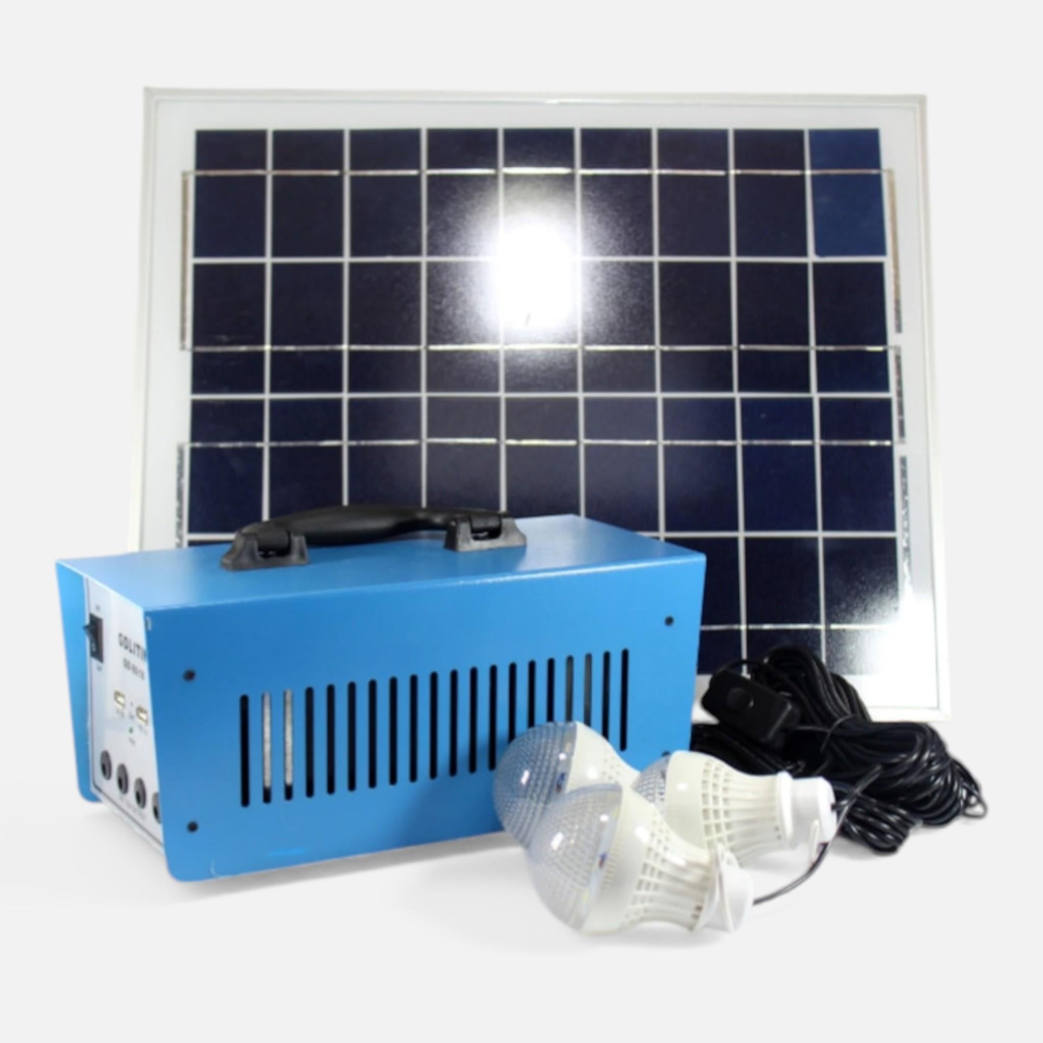 Sistem Fotovoltaic GD Liting GD-8018 – Sistem 12V/12Ah 100W cu Panou Solar 18V/20W, 3 Becuri, Ieşire USB, Alimentare 220V