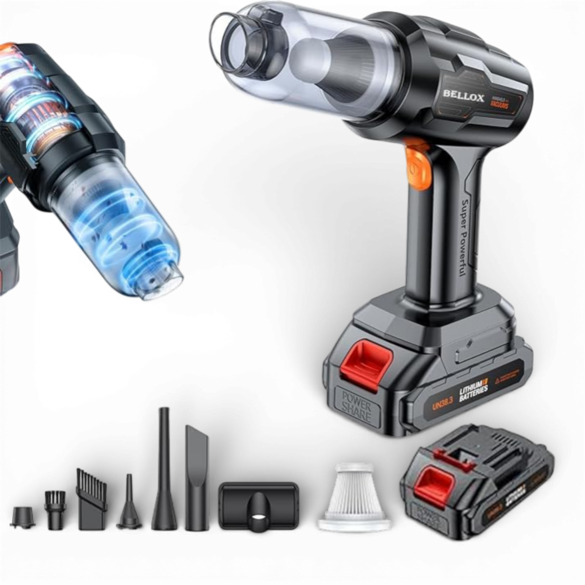 Aspirator si Suflanta de Aer Portabila 4-in-1 pentru masina, casa, birou si animale de companie, cu baterie detasabila si reincarcabila