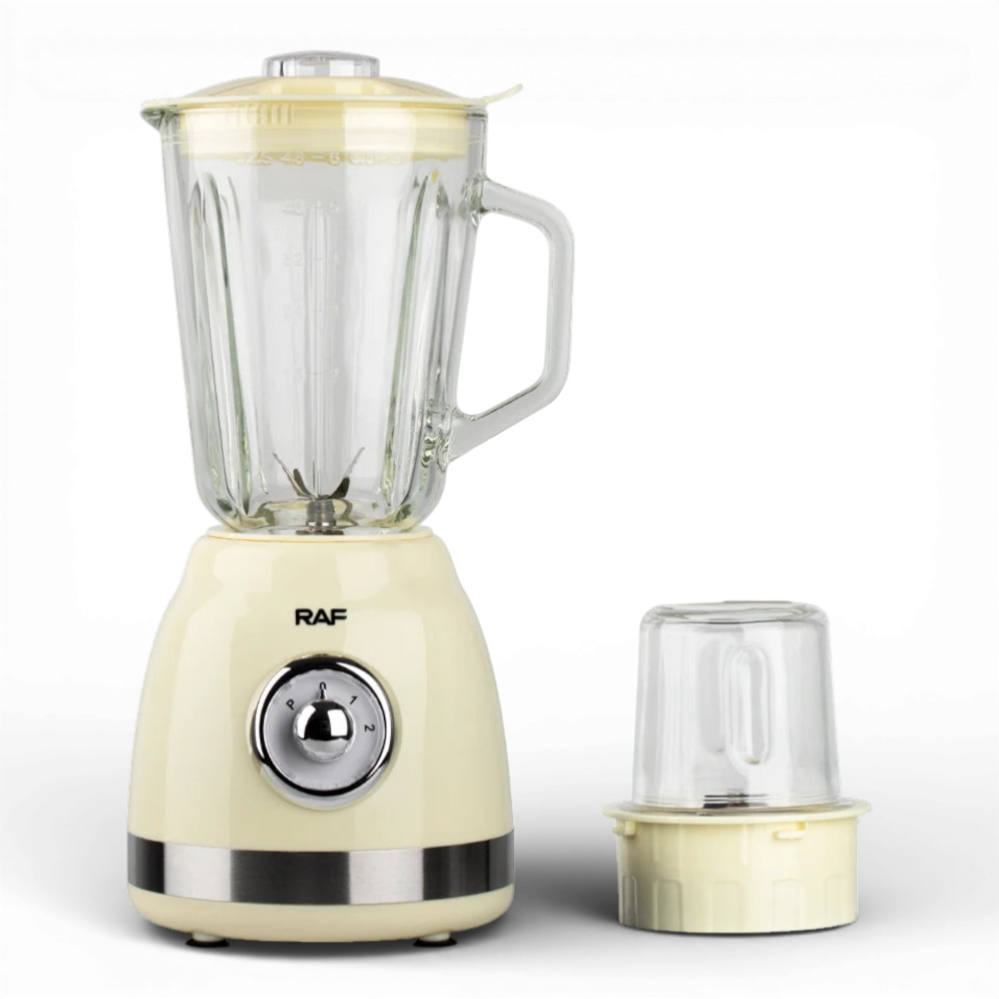 Blender Electric de sticla 2 in 1 RAF® , 1000 W cu Rasnita de Cafea, capacitate recipient 1.5L, 2 trepte viteza, Crem Metalic