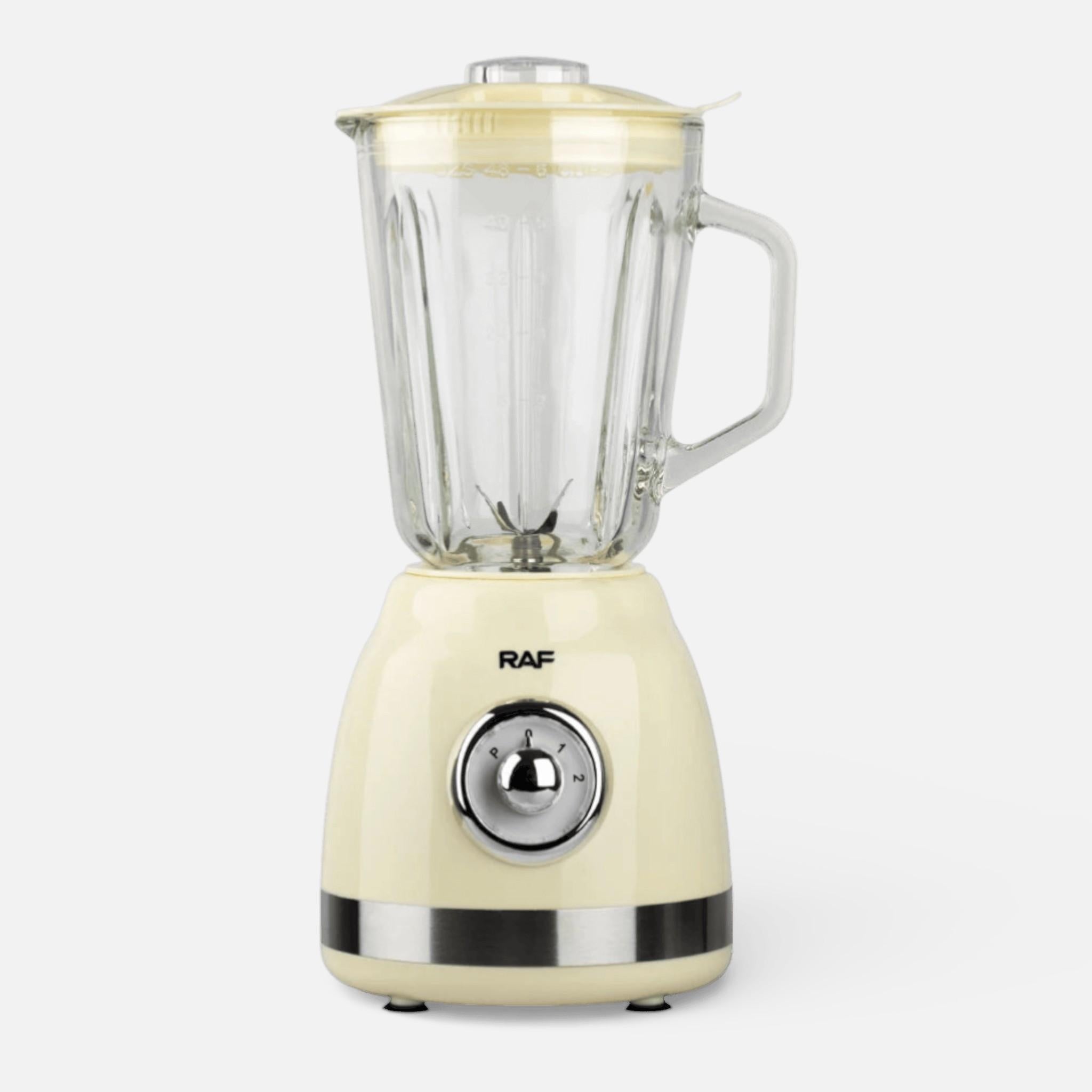 Blender Electric de sticla 2 in 1 RAF® , 1000 W cu Rasnita de Cafea, capacitate recipient 1.5L, 2 trepte viteza, Crem Metalic
