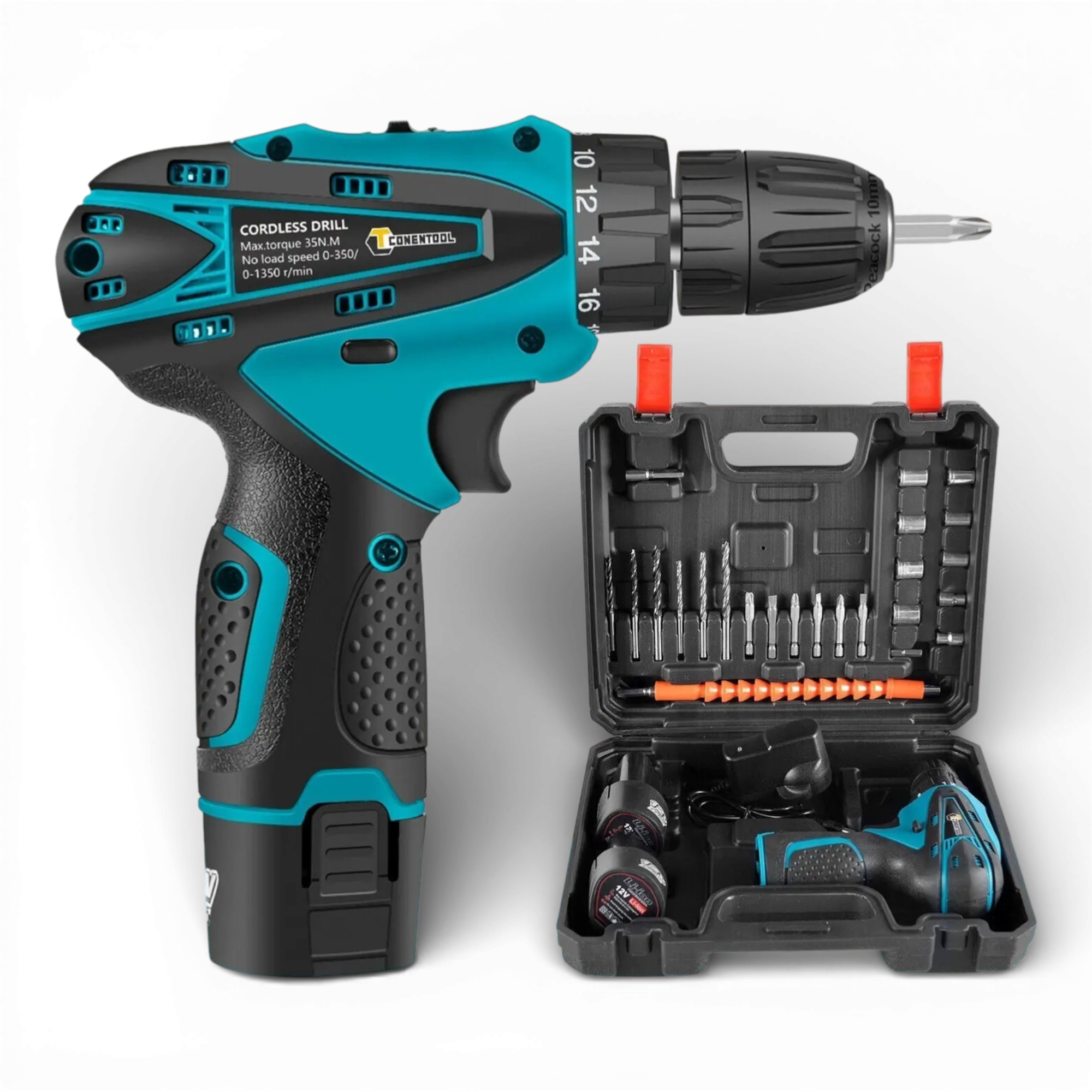 Set Bormasina Electrica cu 2 Acumulatori 12V, Set 24 de Accesorii, 1400 RPM