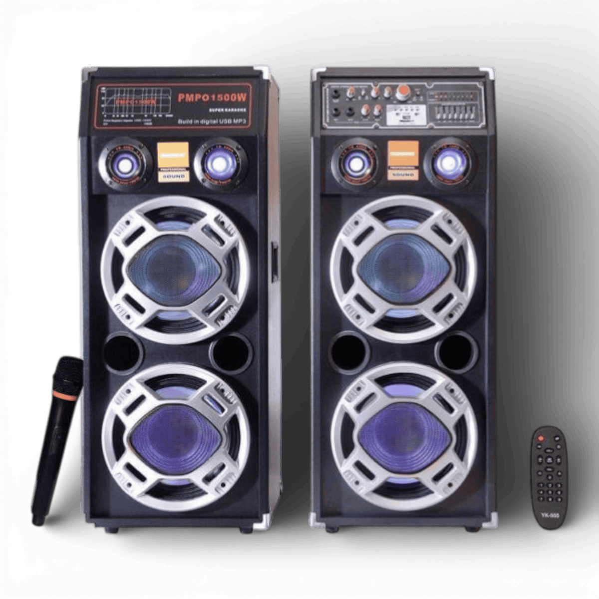 Set Boxe Audio Profesionale 2304, Egalizator pe 7 Benzi, Sistem Karaoke, Putere 700 W, Lumini RGB, Conectivitate Bluetooth, Port USB, Slot SD Card, AUX In, FM Radio, Cadou Microfon si Telecomanda