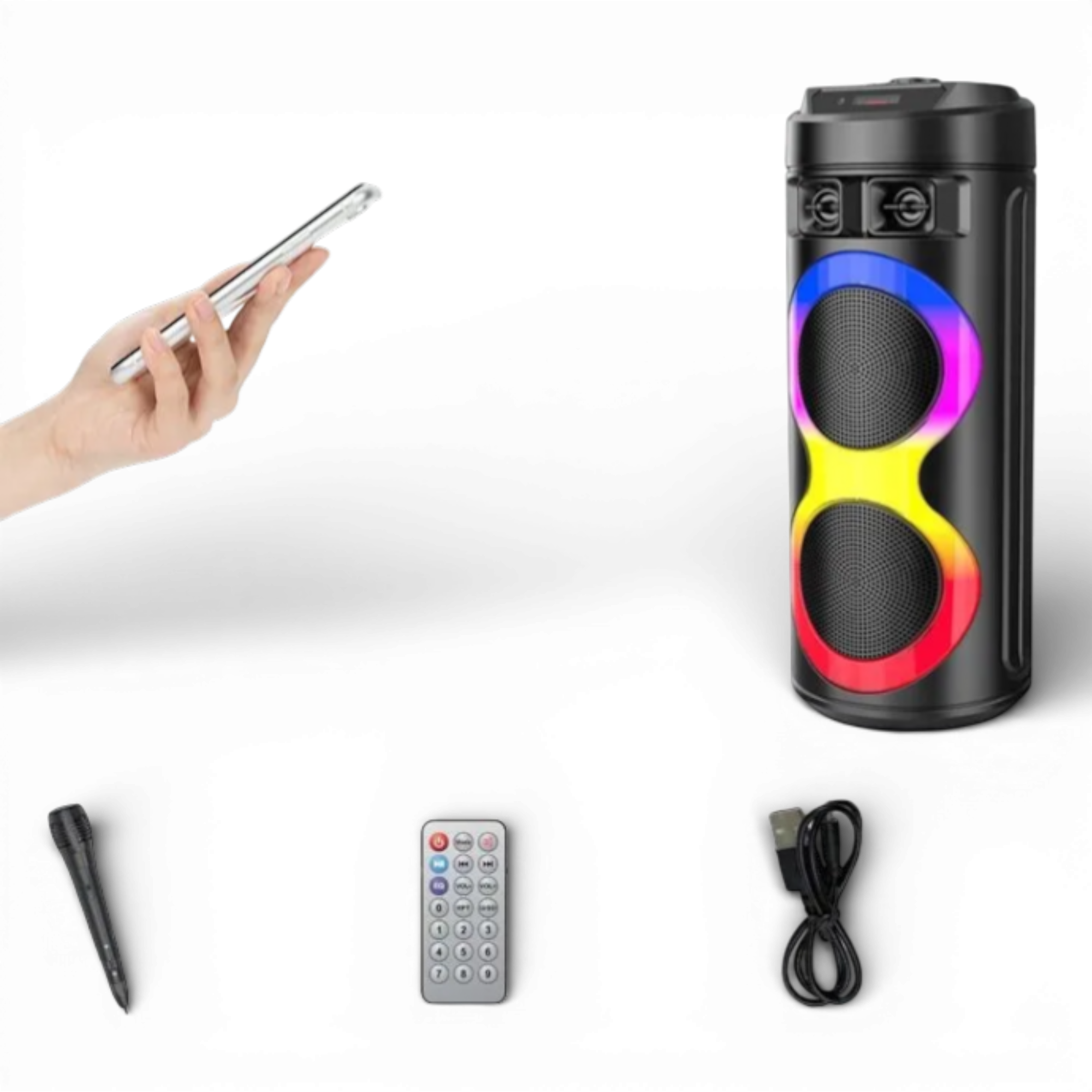 Boxa Profesionala AEIDEN® XL 300W, 2 Difuzoare 6.5 INCH, Autonomie Mare + Super Bass + Joc Lumini, Karaoke, Conex. Bluetooth, USB, RadioFM, Cadou Casca Bluetooth + Stick USB + Microfon