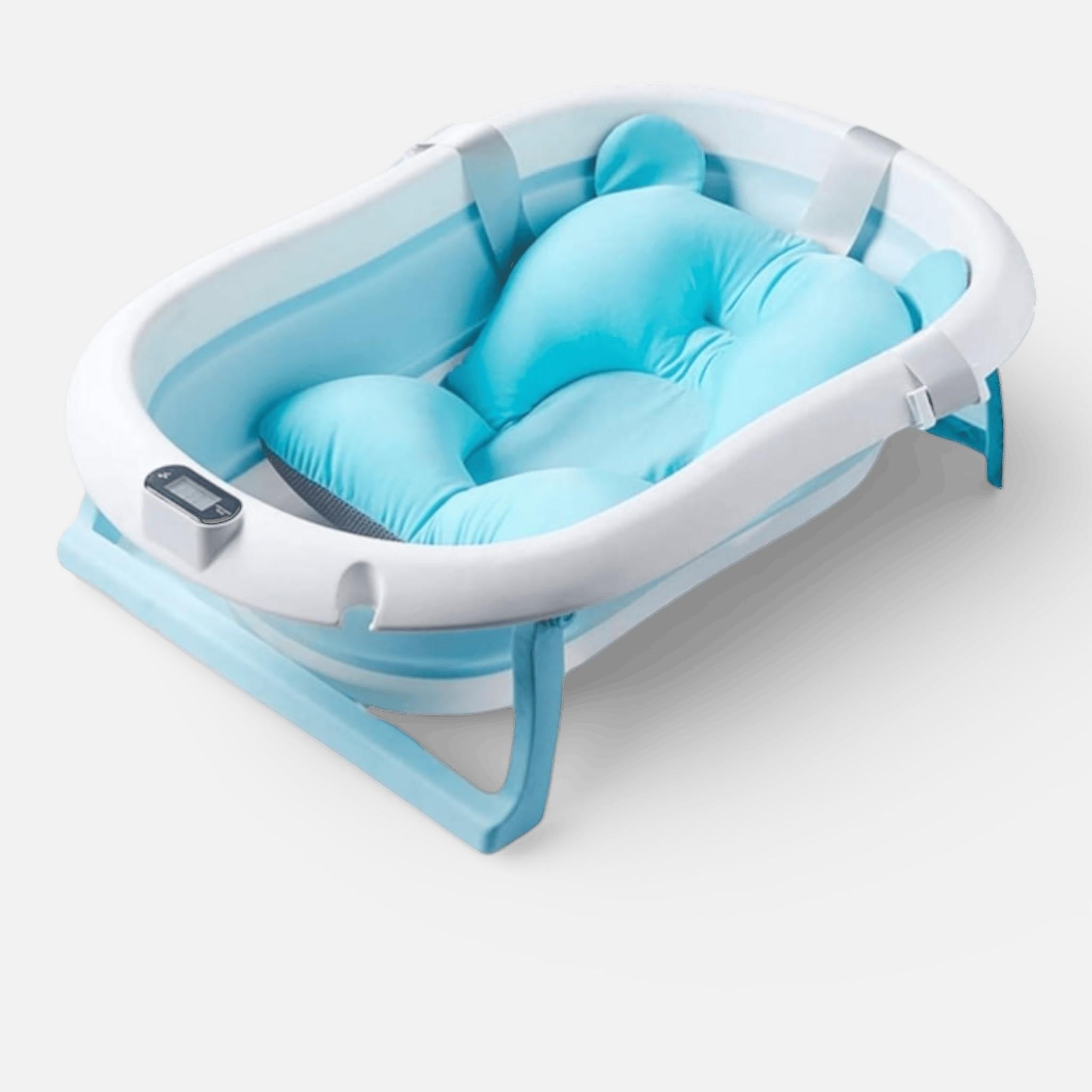 Cadita cu pernuta pentru bebelusi, termometru digital incorporat, pliabila, dop de scurgere, picioare anti-alunecare, design ergonomic, 75 x 45 x 22 cm, Albastru