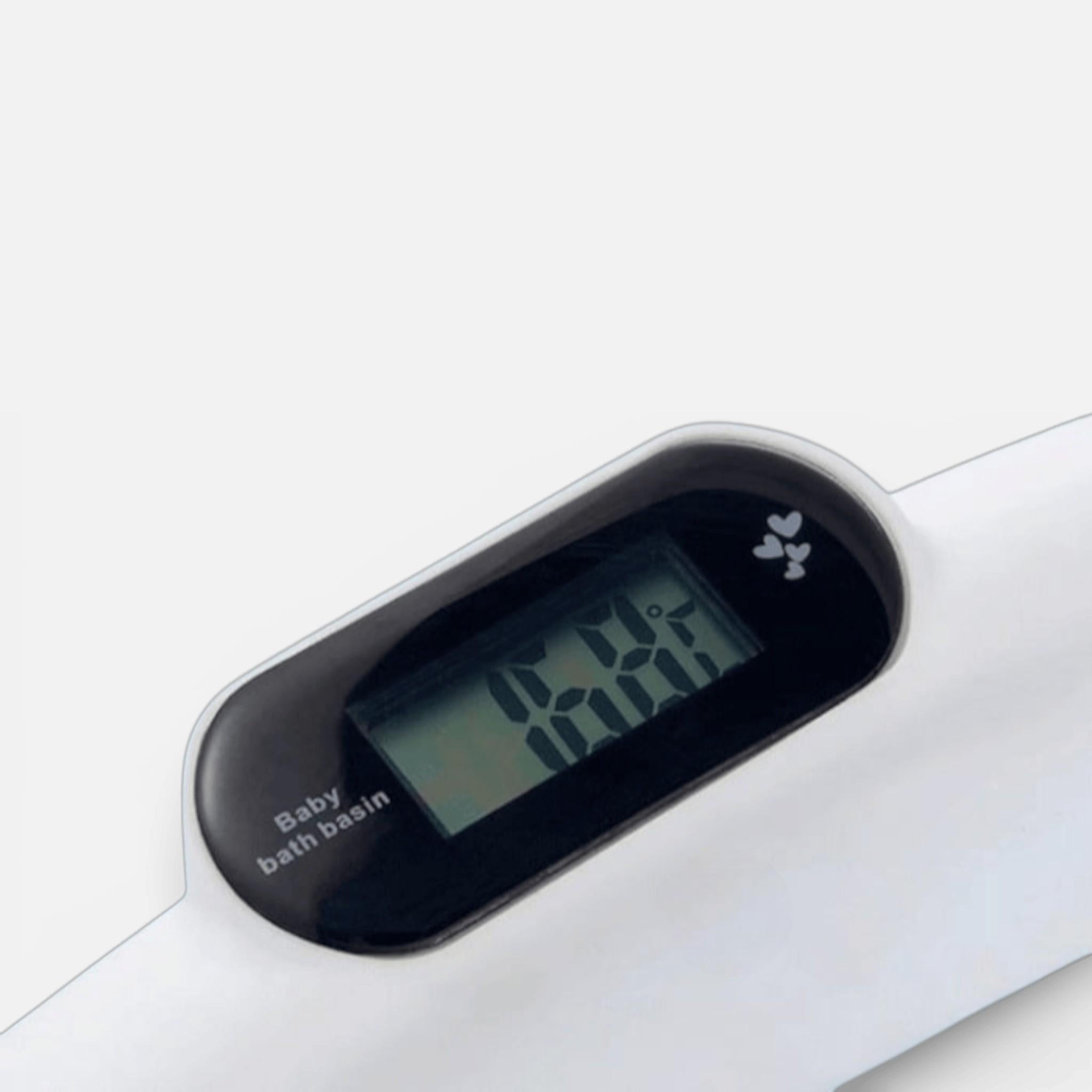 Cadita cu pernuta pentru bebelusi, termometru digital incorporat, pliabila, dop de scurgere, picioare anti-alunecare, design ergonomic, 75 x 45 x 22 cm, Albastru