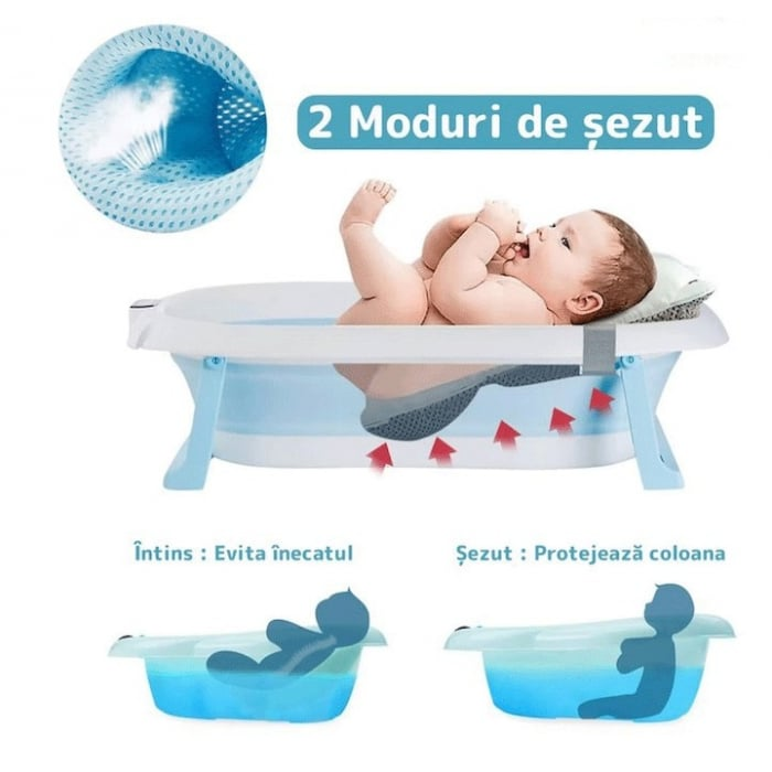 Cadita cu pernuta pentru bebelusi, termometru digital incorporat, pliabila, dop de scurgere, picioare anti-alunecare, design ergonomic, 75 x 45 x 22 cm, Albastru