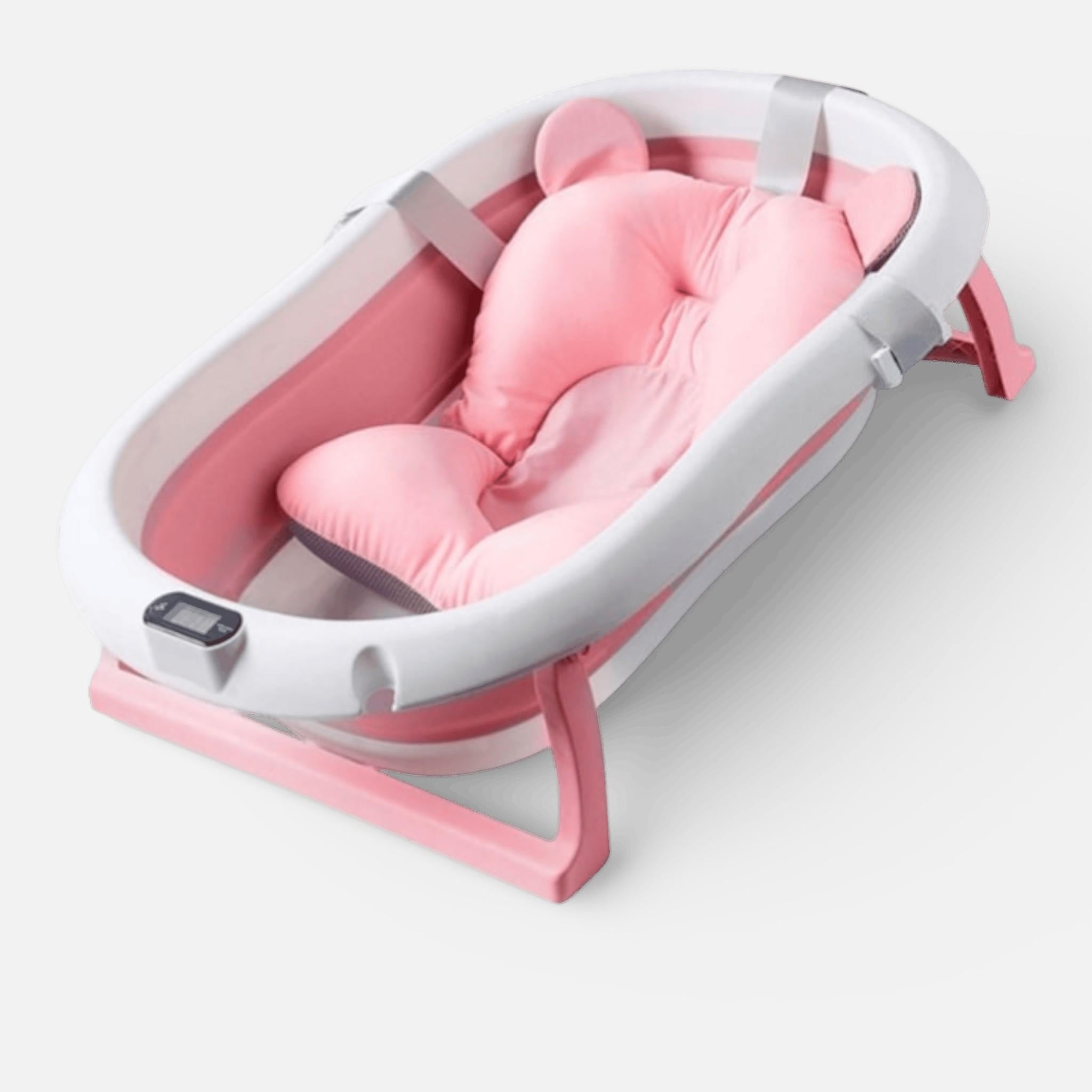 Cadita cu pernuta pentru bebelusi, termometru digital incorporat, pliabila, dop de scurgere, picioare anti-alunecare, design ergonomic, 75 x 45 x 22 cm, Roz