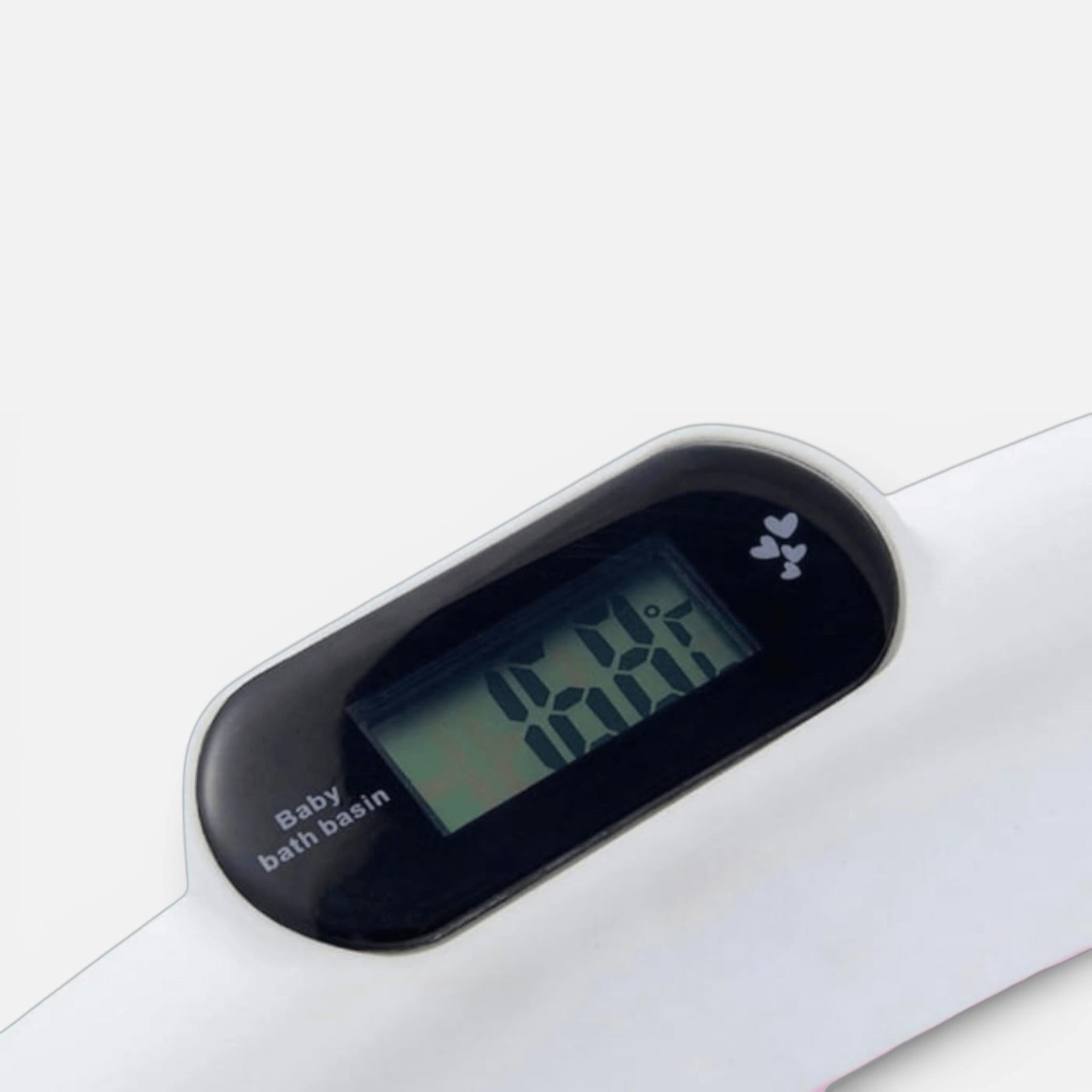 Cadita cu pernuta pentru bebelusi, termometru digital incorporat, pliabila, dop de scurgere, picioare anti-alunecare, design ergonomic, 75 x 45 x 22 cm, Roz