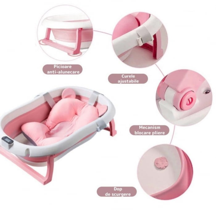 Cadita cu pernuta pentru bebelusi, termometru digital incorporat, pliabila, dop de scurgere, picioare anti-alunecare, design ergonomic, 75 x 45 x 22 cm, Roz