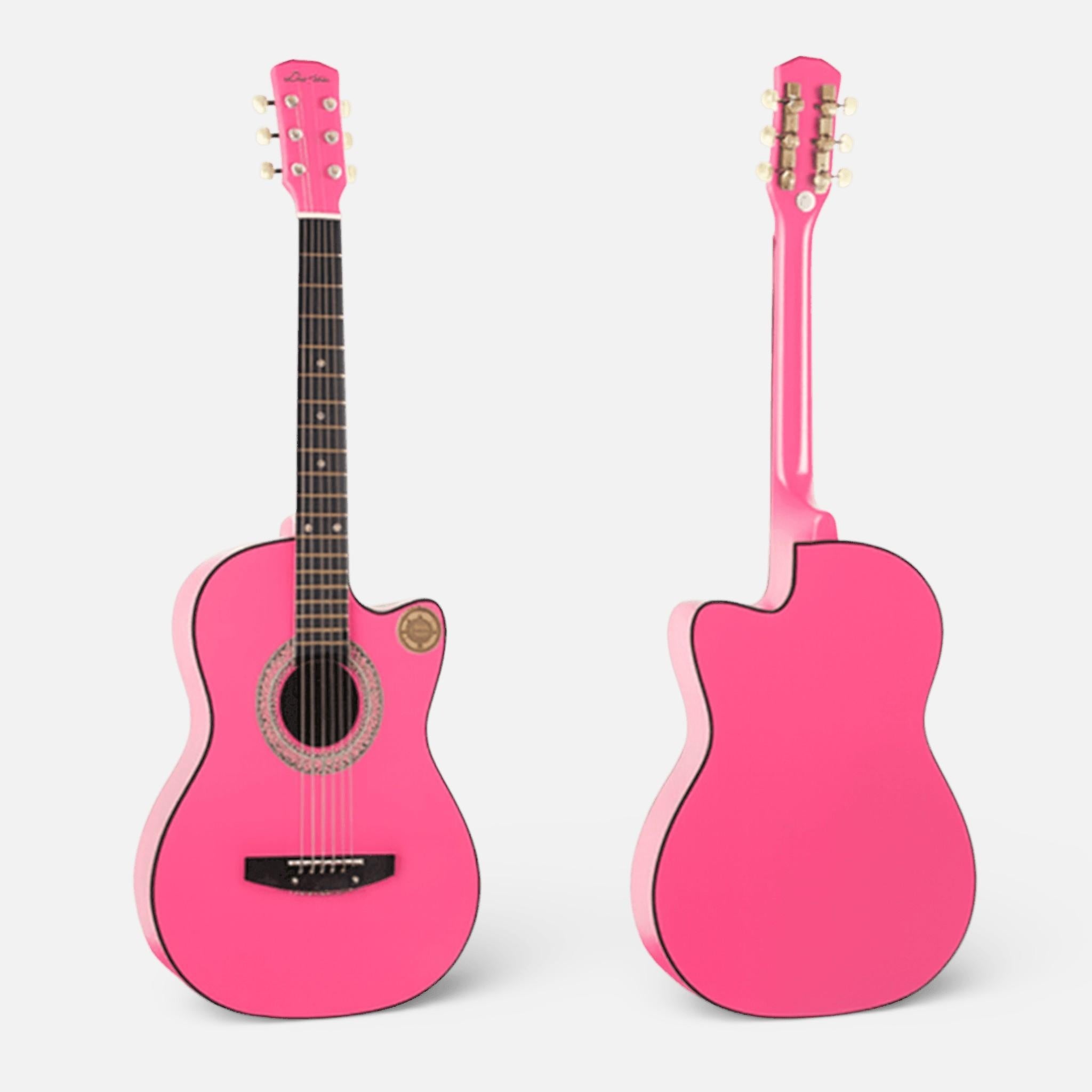 Chitara Acustica Roz 4/4 38" ( 95 x 35 cm ), pentru Incepatori si Adulti, Recomandata peste 8-10 Ani, 6 Corzi Metalice, 20 De Taste