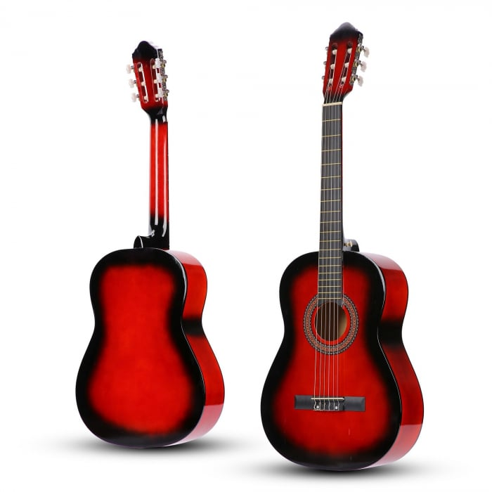 Chitara Clasica Rosu 4/4 38" ( 95 X 35 CM ), pentru Incepatori si Adulti, Recomandata peste 8-10 ani, 6 Corzi Metalice, 20 De Taste