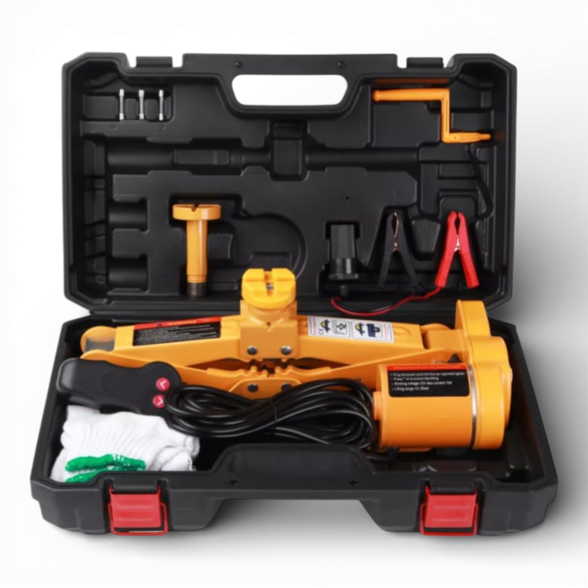 Cric auto AEIDEN ® electric tip foarfeca 12V cu trusa completa – 3 tone, portabil, cu telecomanda, cleme pentru baterie, cablu lung, manusi si cutie de transport, ideal pentru schimbarea rotilor si reparatii