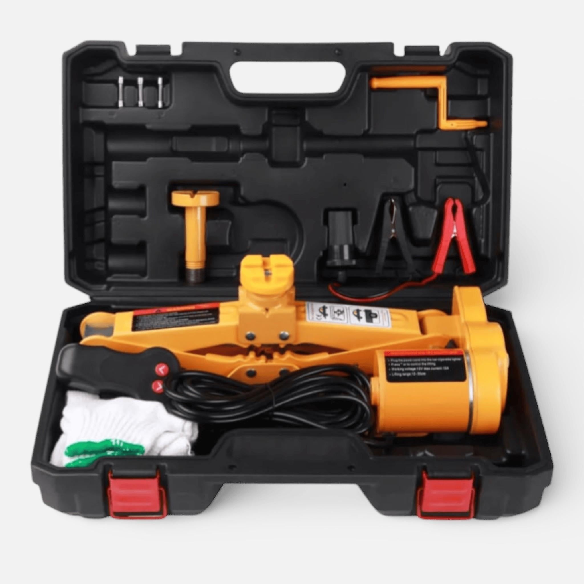 Cric auto AEIDEN electric tip foarfeca 12V cu trusa completa – 3 tone, portabil, cu telecomanda, cleme pentru baterie, cablu lung, manusi si cutie de transport, ideal pentru schimbarea rotilor si reparatii