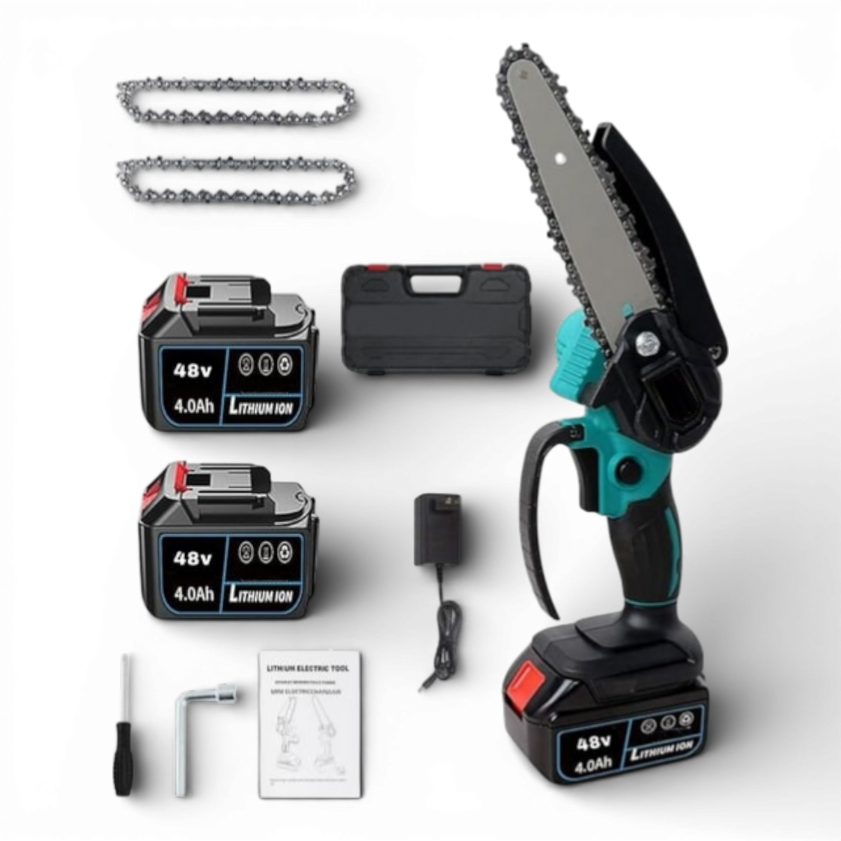 Drujba Fierastrau AEIDEN® cu 2 acumulator 48V, lama 6 inch/15 cm, 2 lanturi, fara fir, portabil, accesorii si valiza incluse