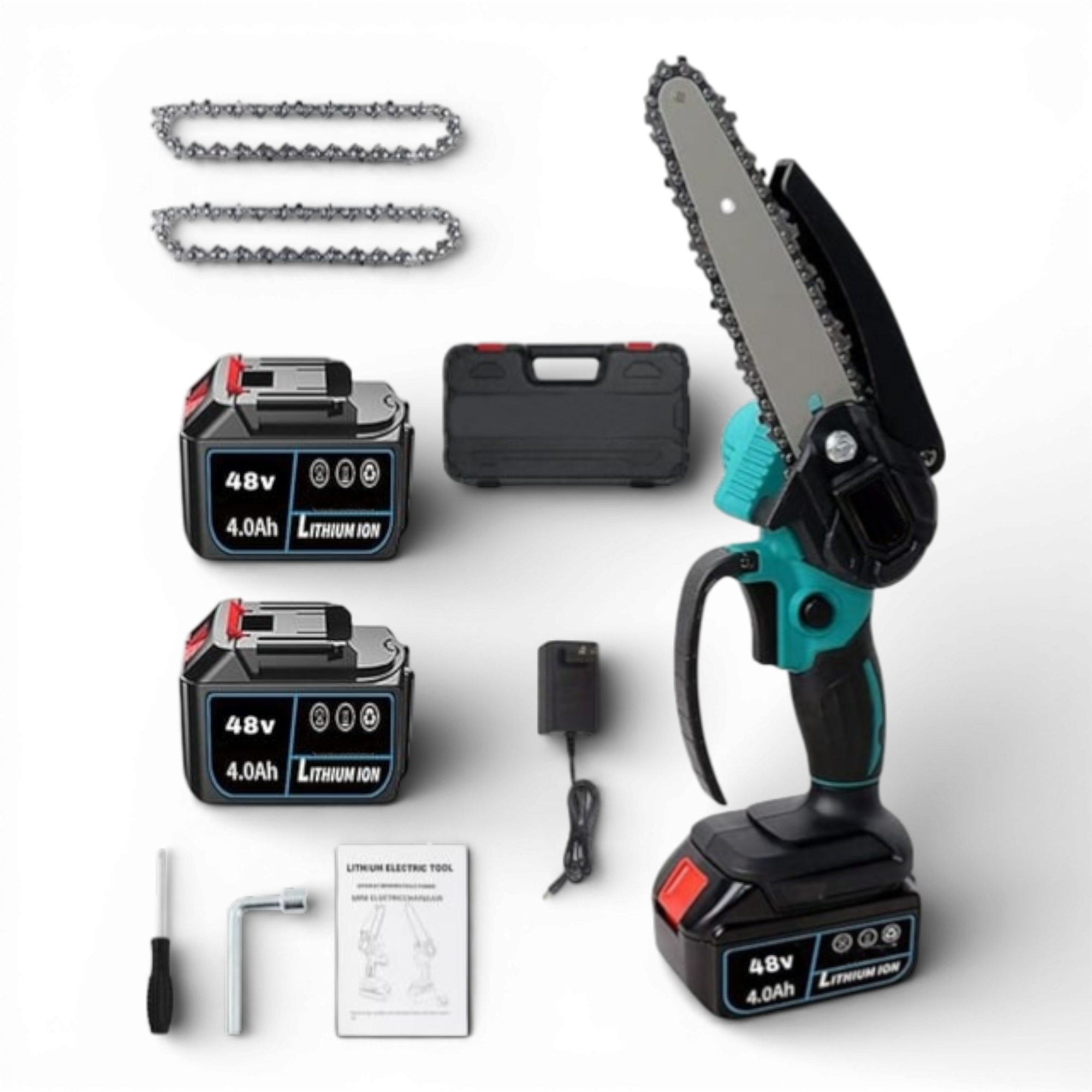 Drujba Fierastrau AEIDEN® cu 2 acumulator 48V, lama 6 inch/15 cm, 2 lanturi, fara fir, portabil, accesorii si valiza incluse