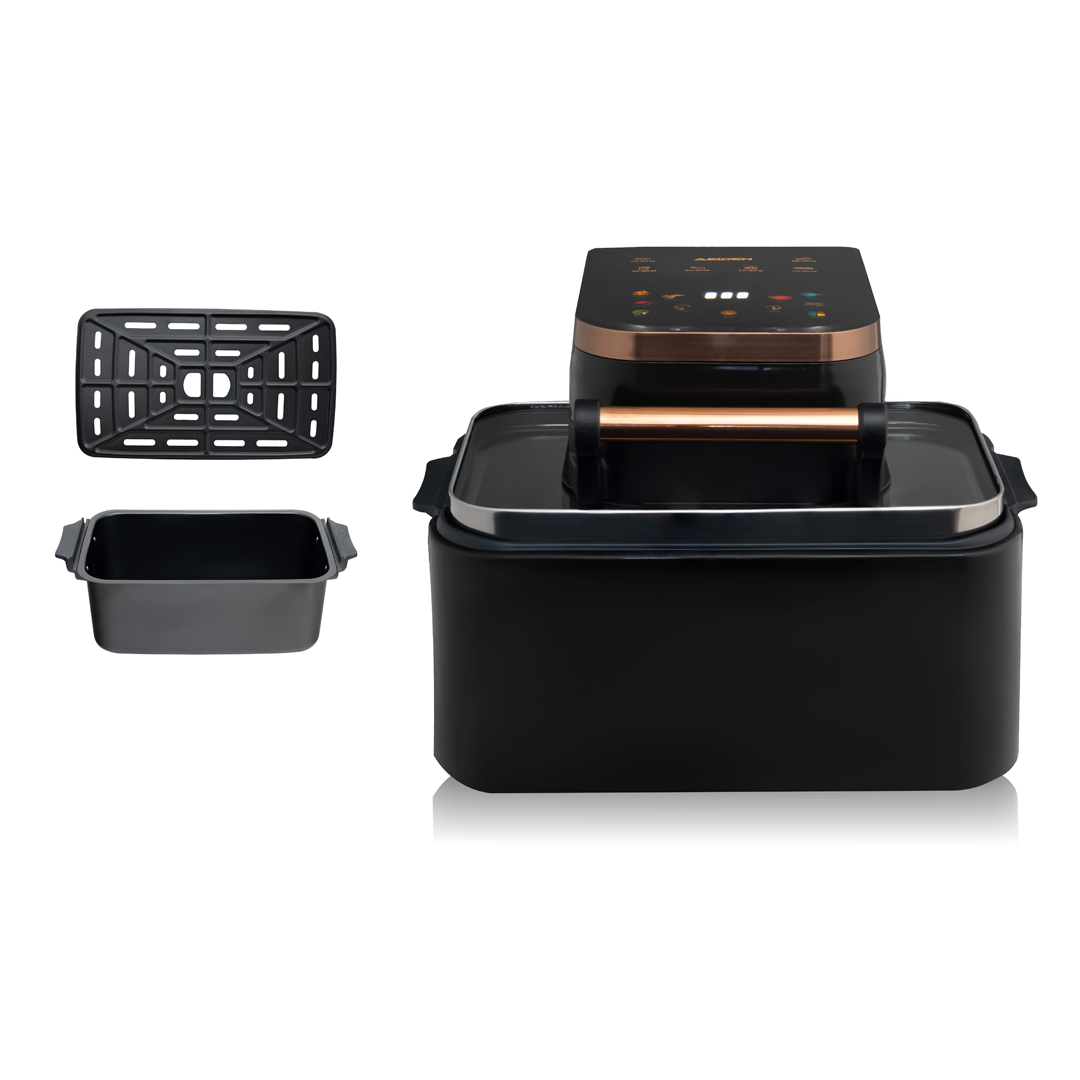 Friteuza Airfryer cu aer cald AEIDEN®, AE-2513 2500W, capacitate mare 12L, multifunctional pentru cartofi prajiti, carne, coacere si altele, 11 programe, display LCD, Negru-Auriu
