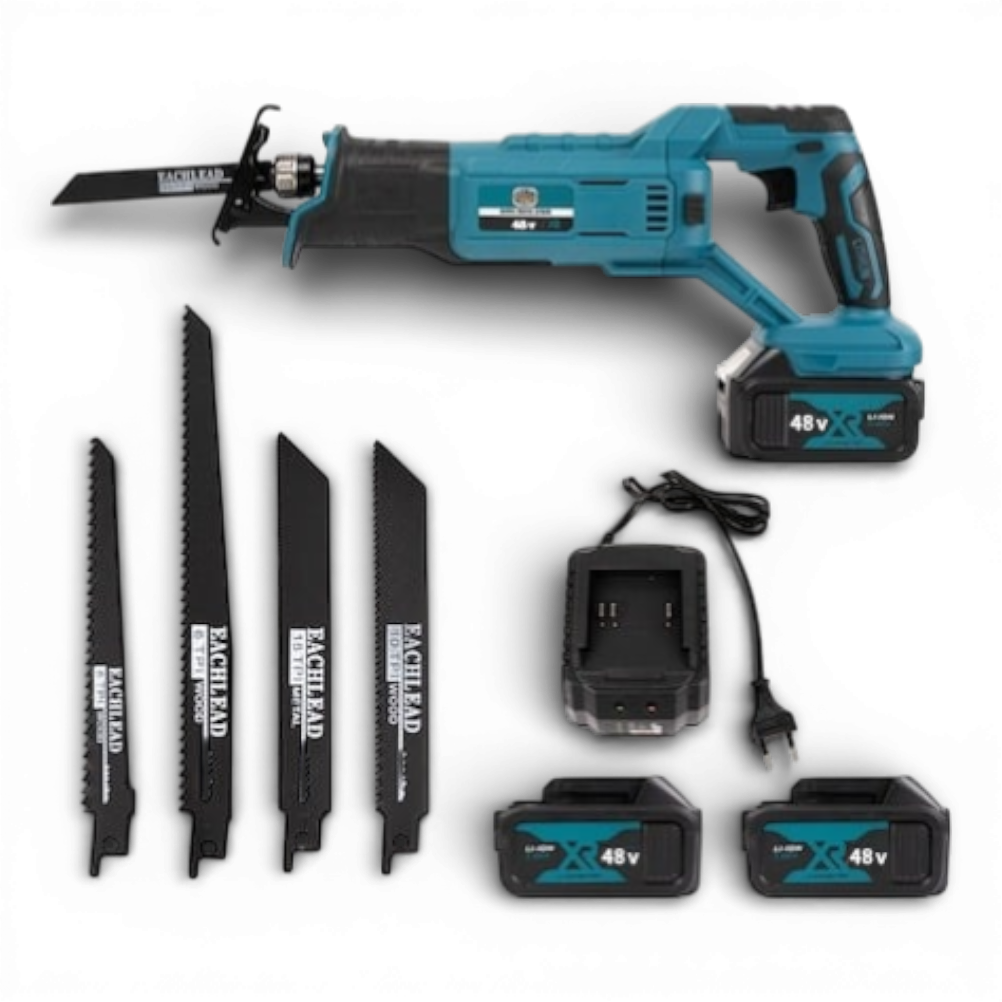 Fierastrau tip sabie AEIDEN ® XR, cu 2 acumulatori 48V, 5000 mAh, mandrina autoblocanta, 4 bucati panza diferite modele, 1 incarcator, valiza compacta de transport, Albastru