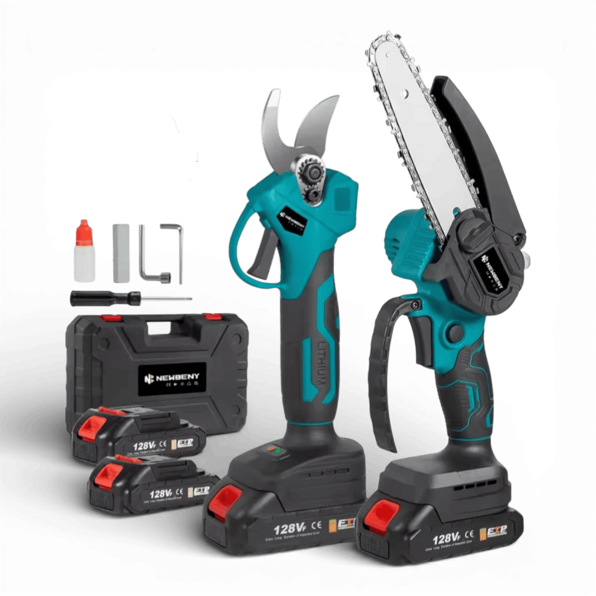 Foarfeca electrica pentru vita de vie si crengi, 2 acumulatori 48V, 8Ah + Drujba Fierastrau cu 2 Acumulator 48V, lama 6 inch/15 cm, 2 lanturi, fara fir, portabil