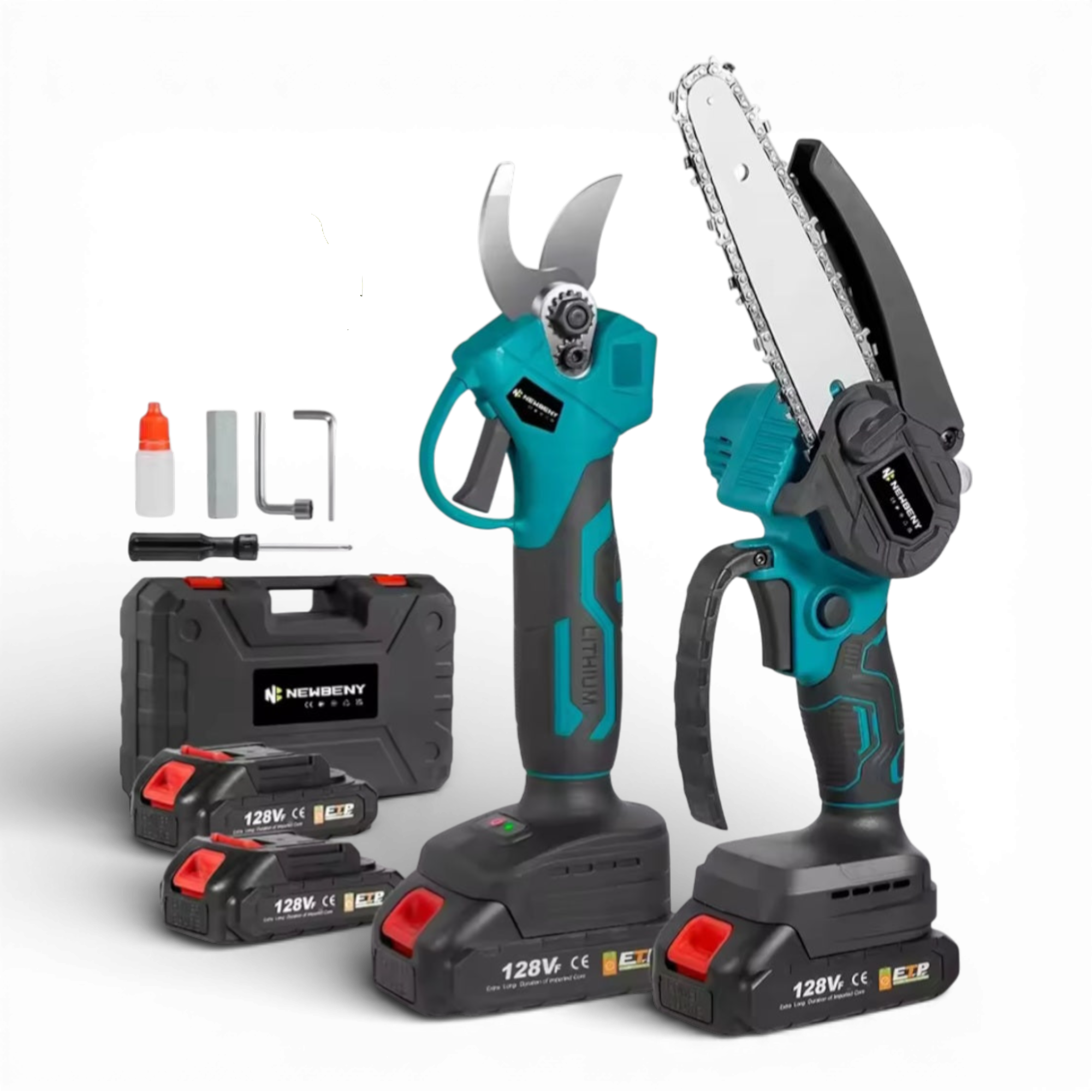 Foarfeca electrica pentru vita de vie si crengi, 2 acumulatori 48V, 8Ah + Drujba Fierastrau cu 2 Acumulator 48V, lama 6 inch/15 cm, 2 lanturi, fara fir, portabil