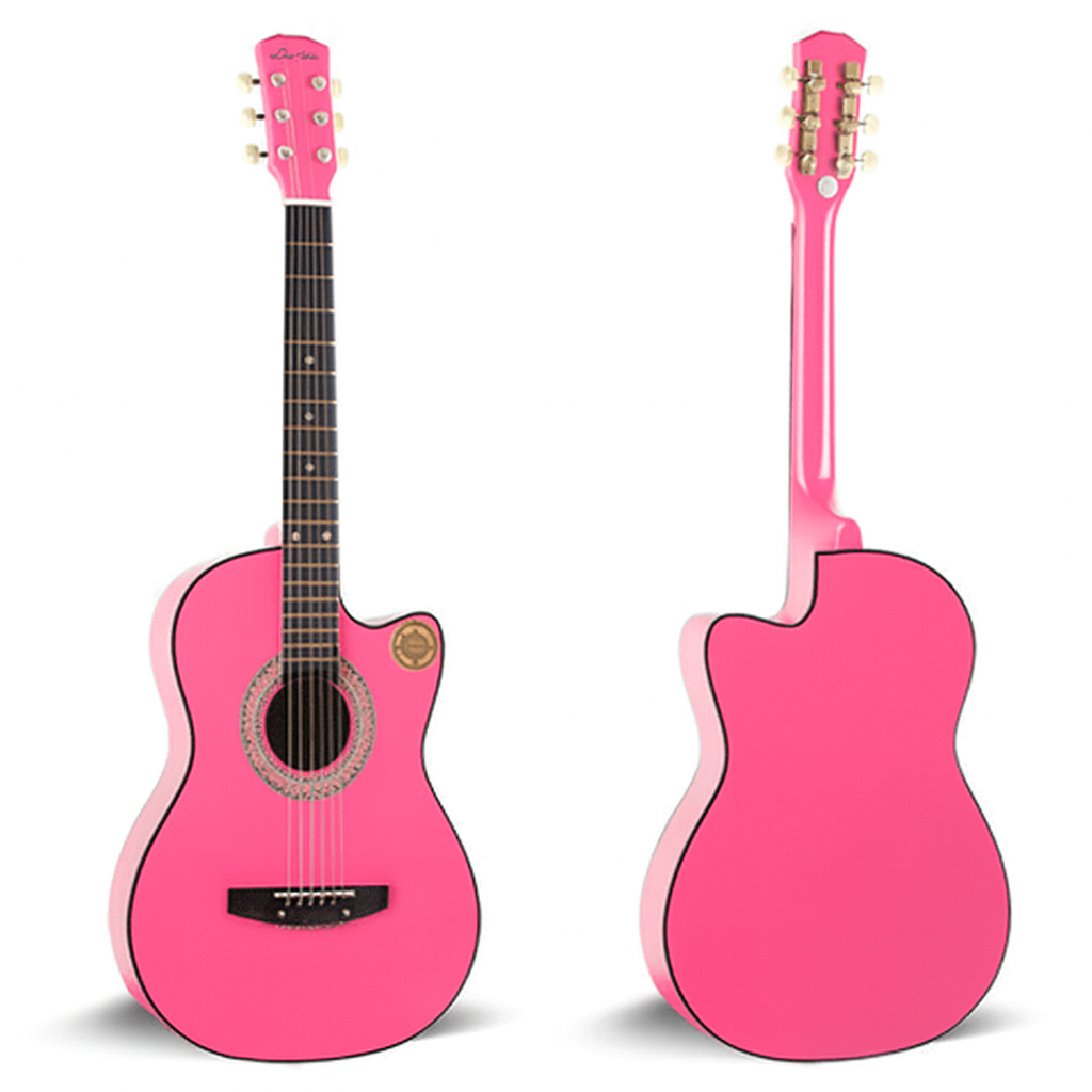 Chitara Acustica Roz 4/4 38" ( 95 x 35 cm ), pentru Incepatori si Adulti, Recomandata peste 8-10 Ani, 6 Corzi Metalice, 20 De Taste