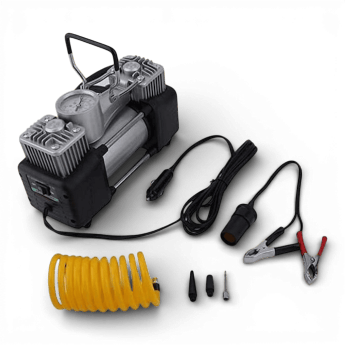 Kit pana auto complet, compresor cu 2 cilindri, 500W, metal, accesorii incluse, alimentare la priza 12V, rezistent la apa, protectie suprasarcina, Galben/Negru