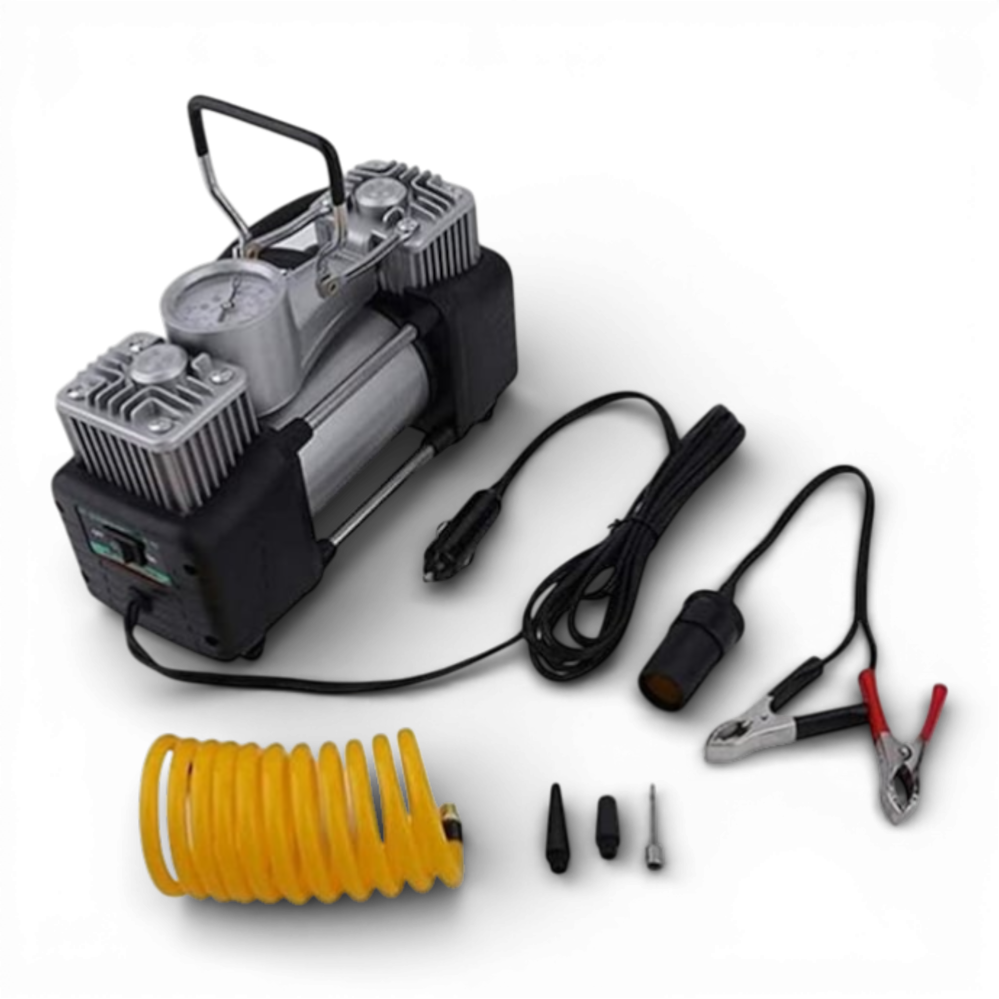 Kit pana auto complet, compresor cu 2 cilindri, 500W, metal, accesorii incluse, alimentare la priza 12V, rezistent la apa, protectie suprasarcina, Galben/Negru