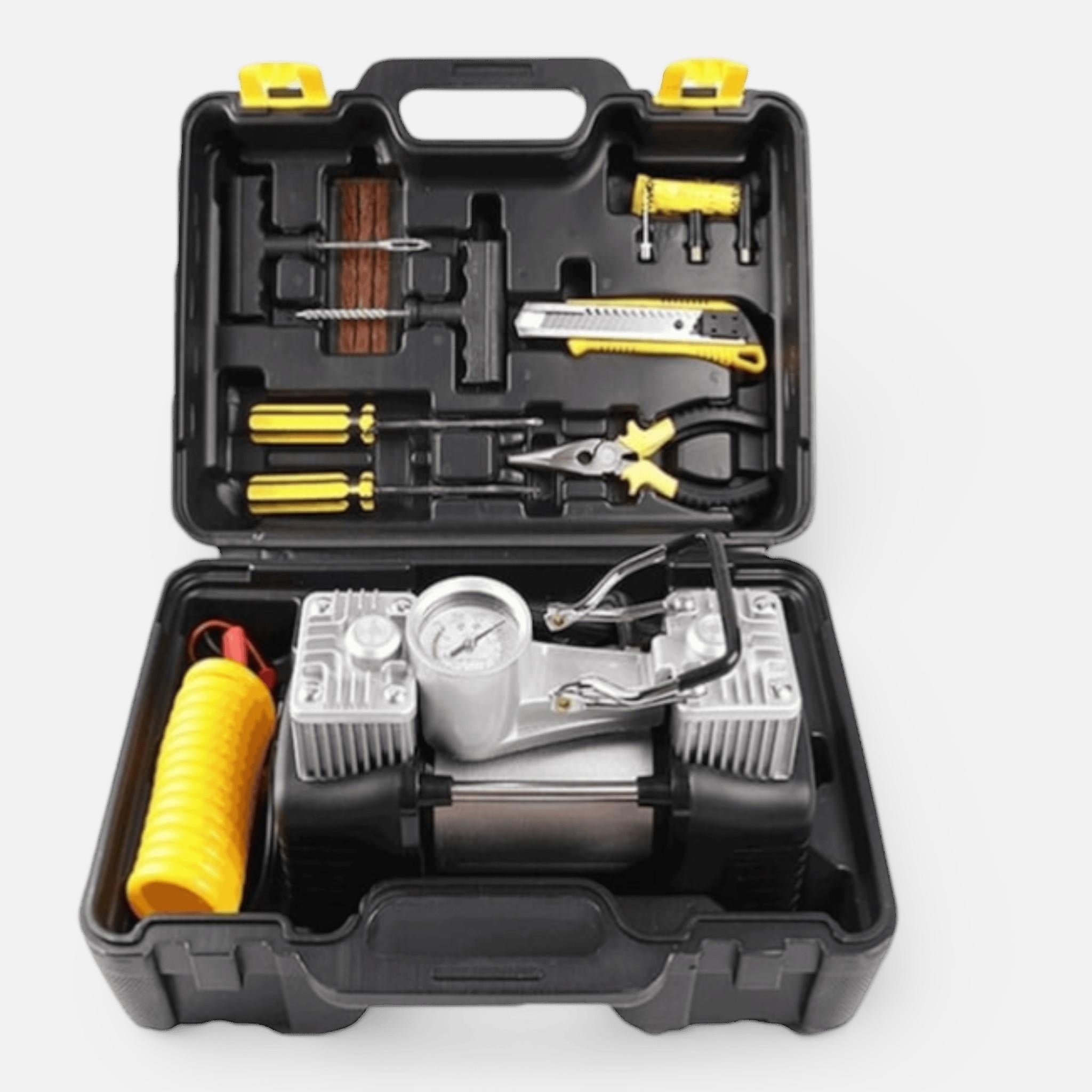 Kit pana auto complet, compresor cu 2 cilindri, 500W, metal, accesorii incluse, alimentare la priza 12V, rezistent la apa, protectie suprasarcina, Galben/Negru