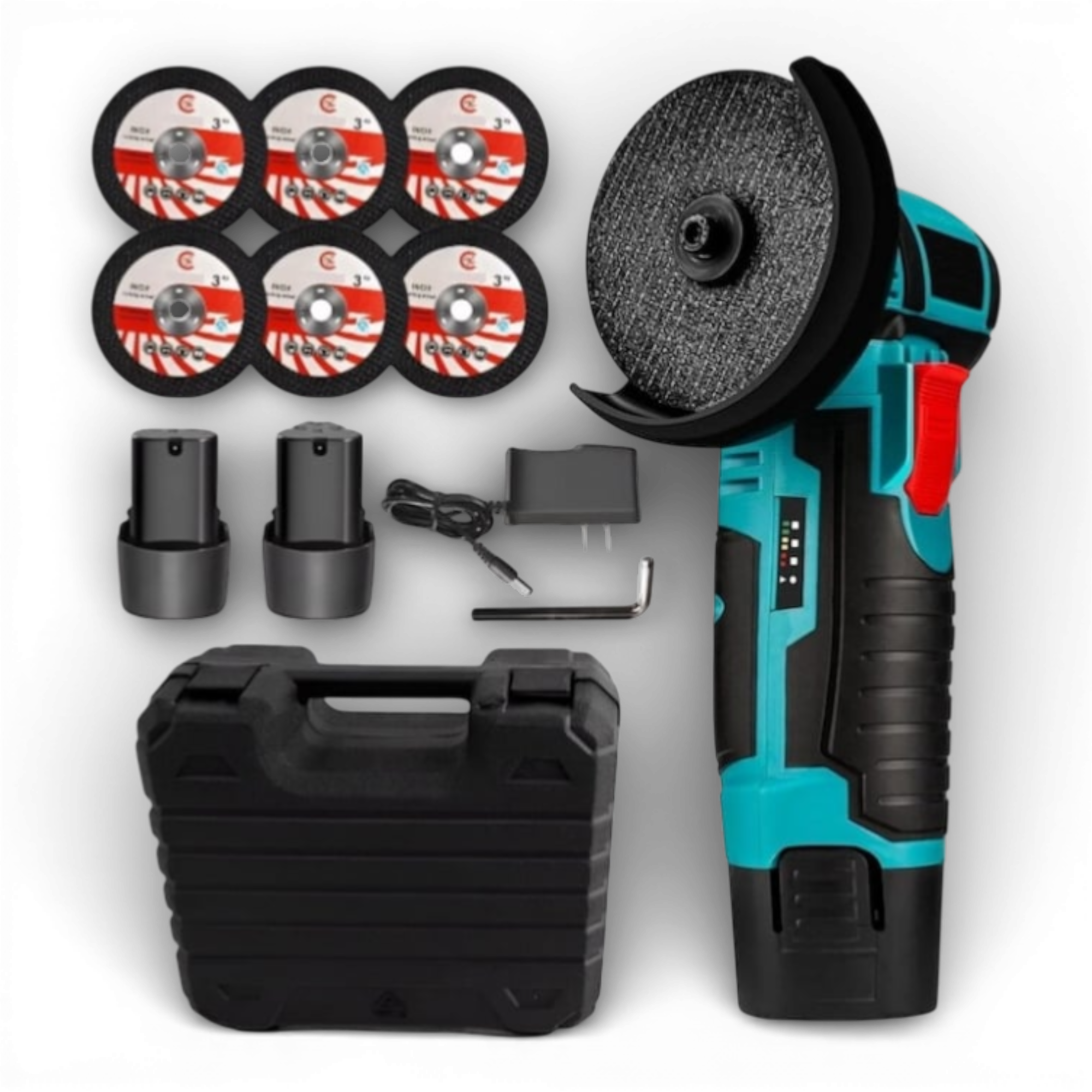 Mini polizor flex unghiular portabil AEIDEN ® 2 acumulatori 12V, 750W, 1500 mAh, 19500 rpm, 6 discuri 76 mm, soft start, autonomie mare, design modern, Verde/Negru