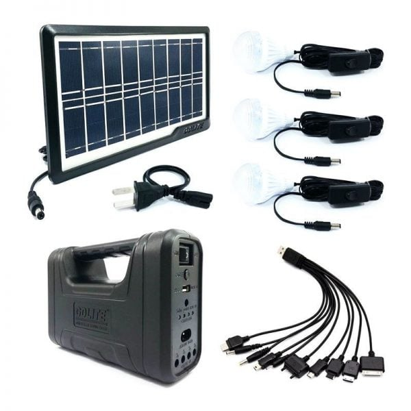 Sistem Solar Pentru Camping Cu 3 Becuri, Panou Solar Inclus, Port USB, Radio FM, MP3 Player, Lanterna Cu Led-Uri, Tensiune 110 - 240 V, 50/60 Hz, Design Modern, Negru