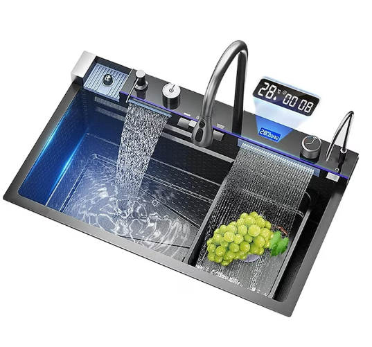 Chiuveta multifunctionala cu 2 cascade cu accesorii incluse, afisaj digital a temperaturii si robinet cascada, culoare negru grafit, dimensiune 750x460mm
