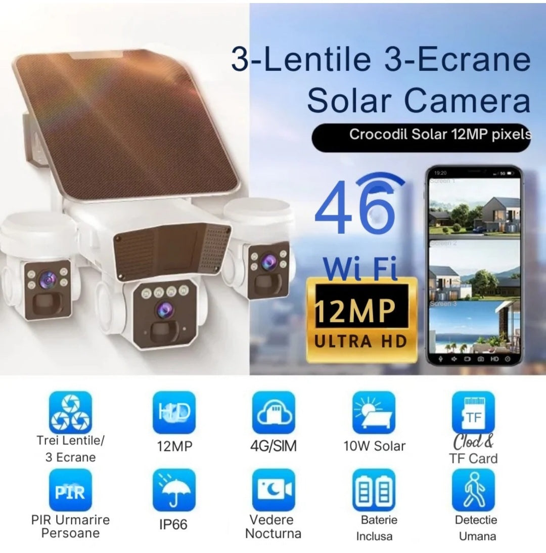 Camera de supraveghere exterior, crocodil solar 4G multi-lentile, 12MP, panou solar 20W, stocare in cloud si SD, Rezistenta la apa IP66, Urmarire persoane