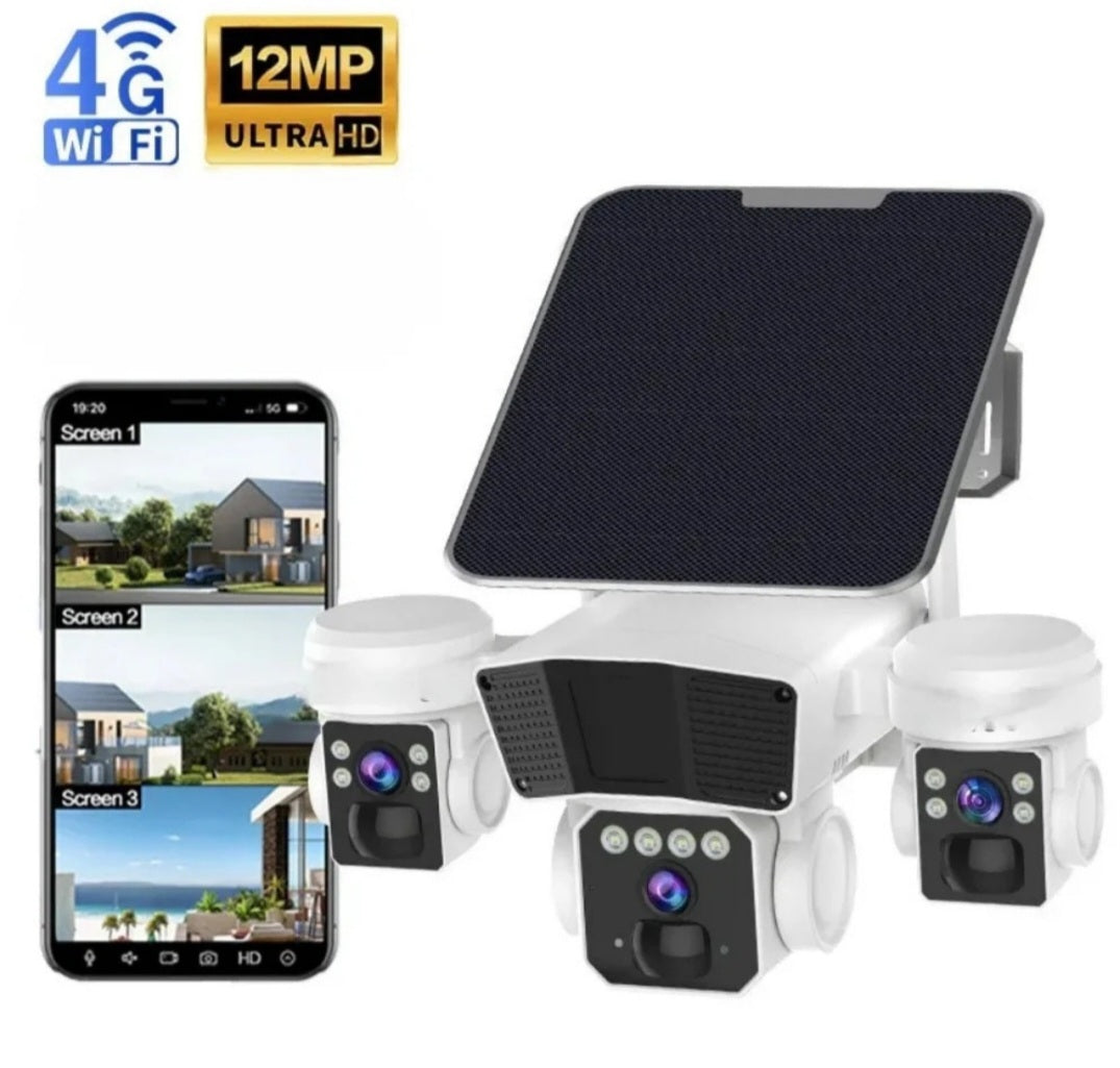 Camera de supraveghere exterior, crocodil solar 4G multi-lentile, 12MP, panou solar 20W, stocare in cloud si SD, Rezistenta la apa IP66, Urmarire persoane