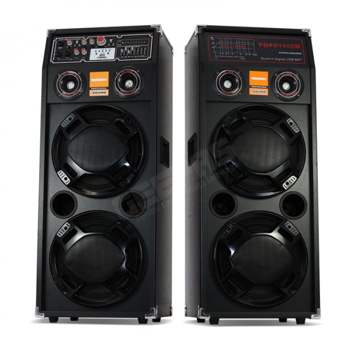 Set Boxe Audio Profesionale 2304, Egalizator pe 7 Benzi, Sistem Karaoke, Putere 700 W, Lumini RGB, Conectivitate Bluetooth, Port USB, Slot SD Card, AUX In, FM Radio, Cadou Microfon si Telecomanda