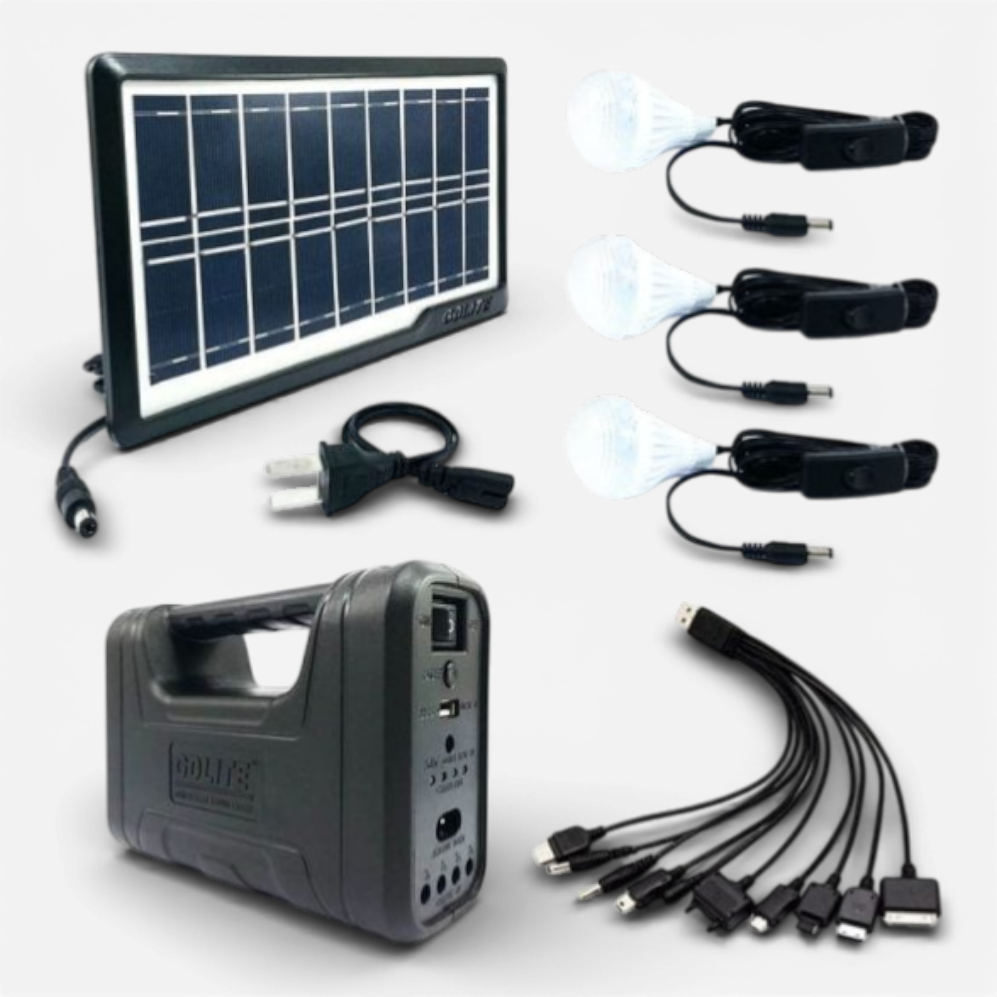 Sistem Solar Pentru Camping Cu 3 Becuri, Panou Solar Inclus, Port USB, Radio FM, MP3 Player, Lanterna Cu Led-Uri, Tensiune 110 - 240 V, 50/60 Hz, Design Modern, Negru