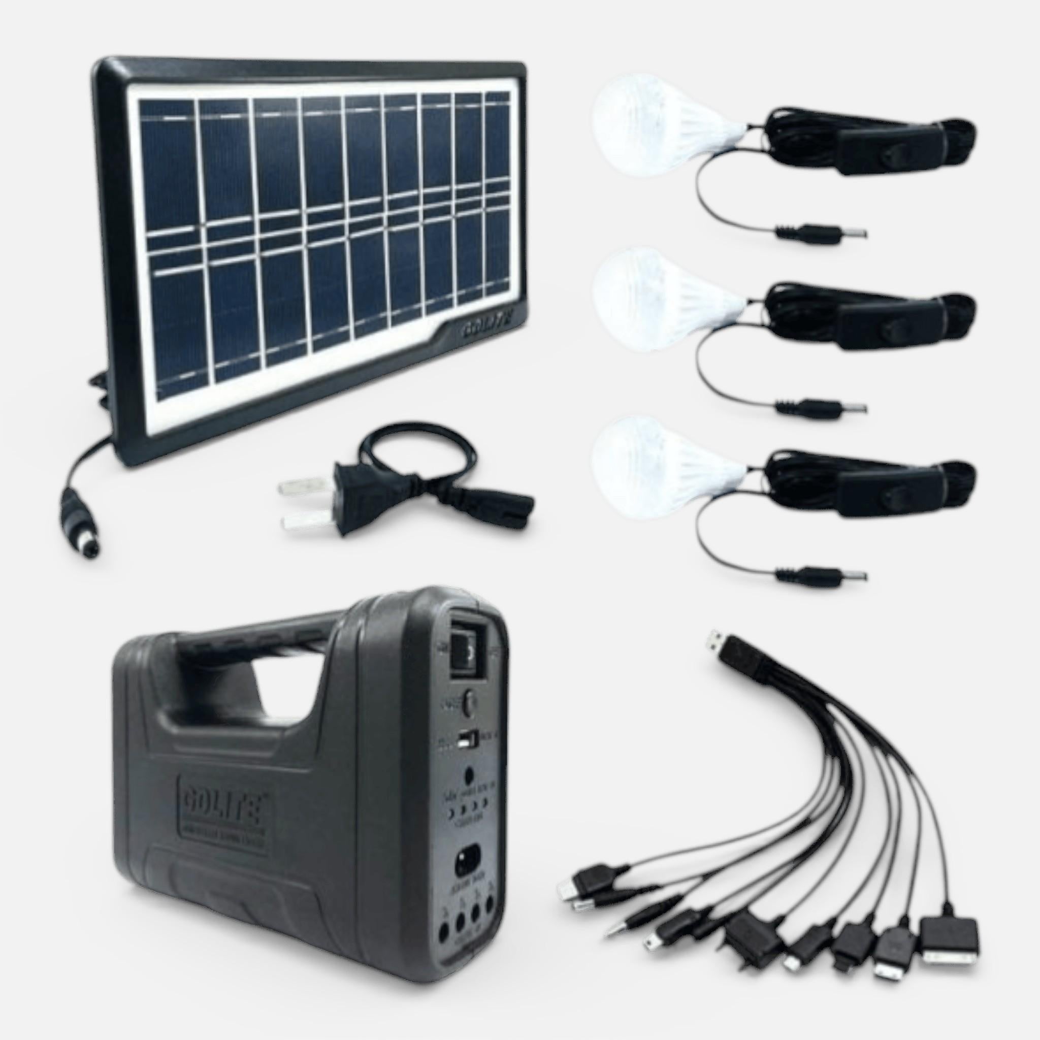 Sistem Solar Pentru Camping Cu 3 Becuri, Panou Solar Inclus, Port USB, Radio FM, MP3 Player, Lanterna Cu Led-Uri, Tensiune 110 - 240 V, 50/60 Hz, Design Modern, Negru