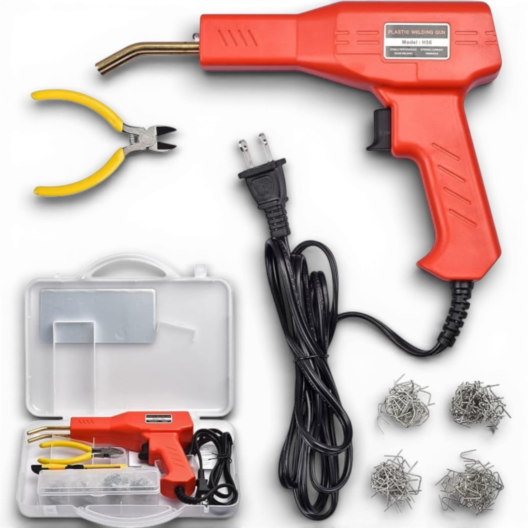 Set pistol si capse AEIDEN ® pentru lipit plastic, sudat plastic, repararea fisurilor din plastic, 200 capse si geanta transport incluse, putere 50W, Rosu