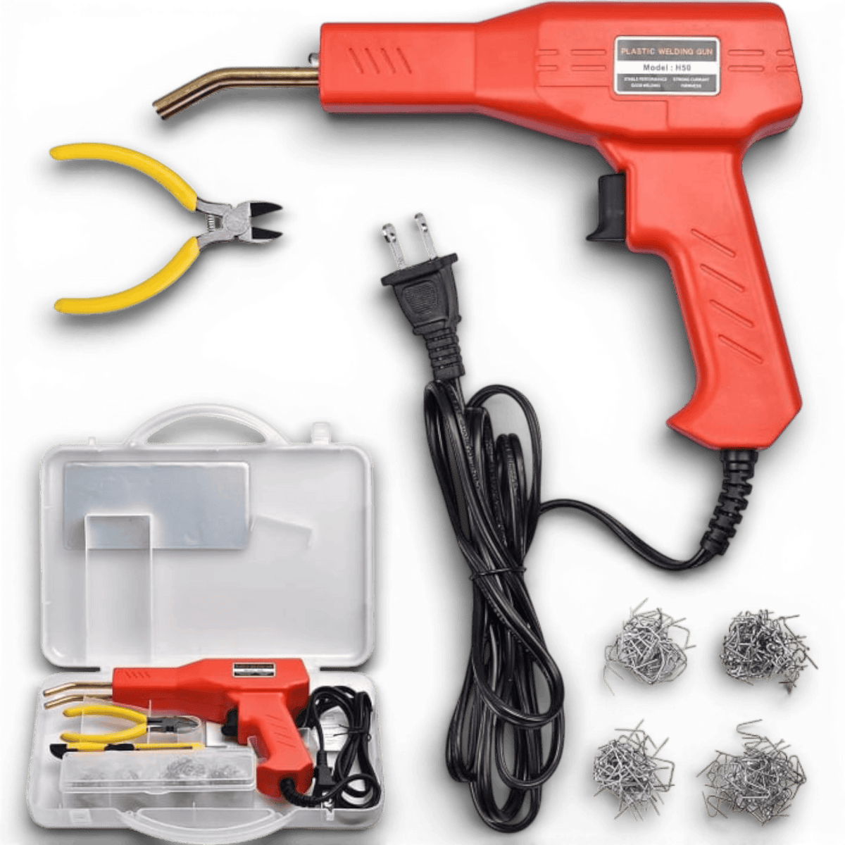 Set pistol si capse AEIDEN ® pentru lipit plastic, sudat plastic, repararea fisurilor din plastic, 200 capse si geanta transport incluse, putere 50W, Rosu