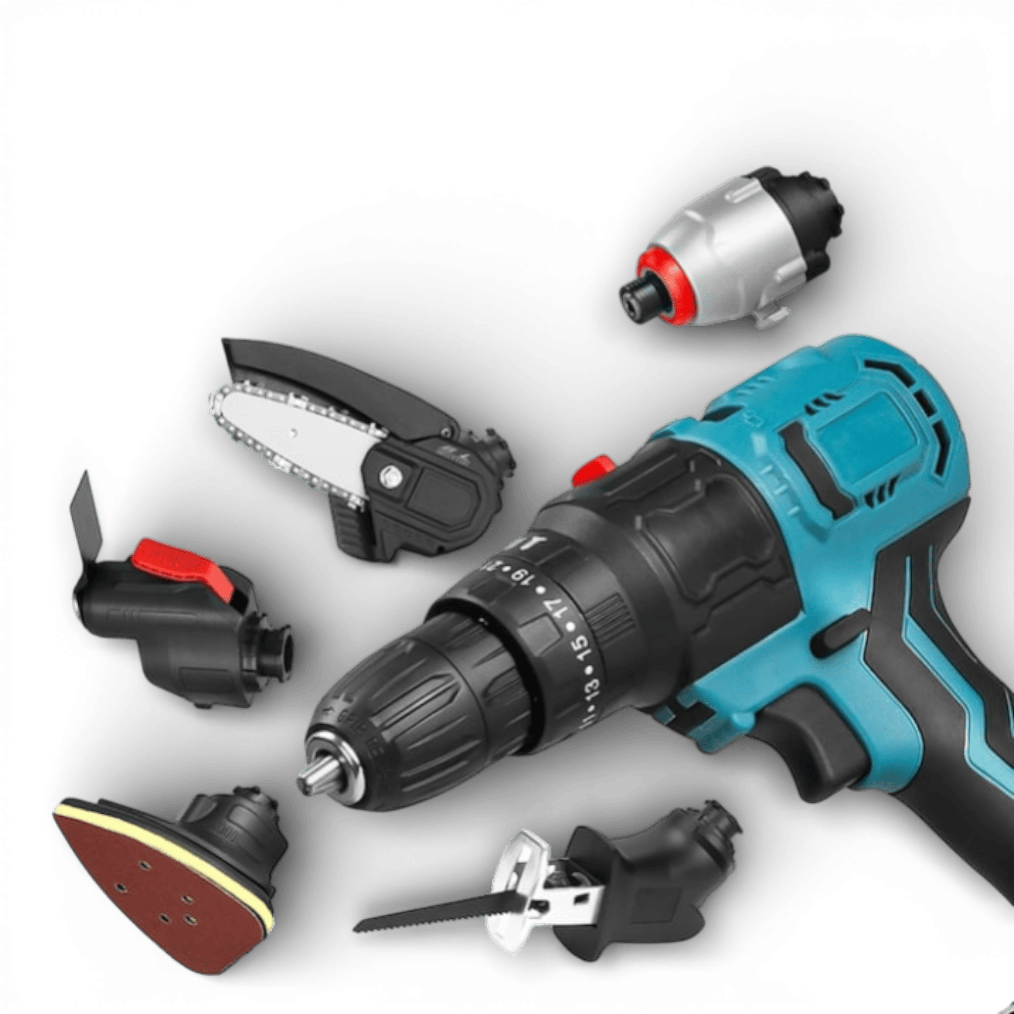 Bormasina fara fir AEIDEN, drujba cu lant interschimbabil, fierastrau sabie, surubelnita, cap de slefuire, lopata, cap multifunctional cu adaptor USB, 2 acumulatori 48V si incarcator, trusa multifunctionala