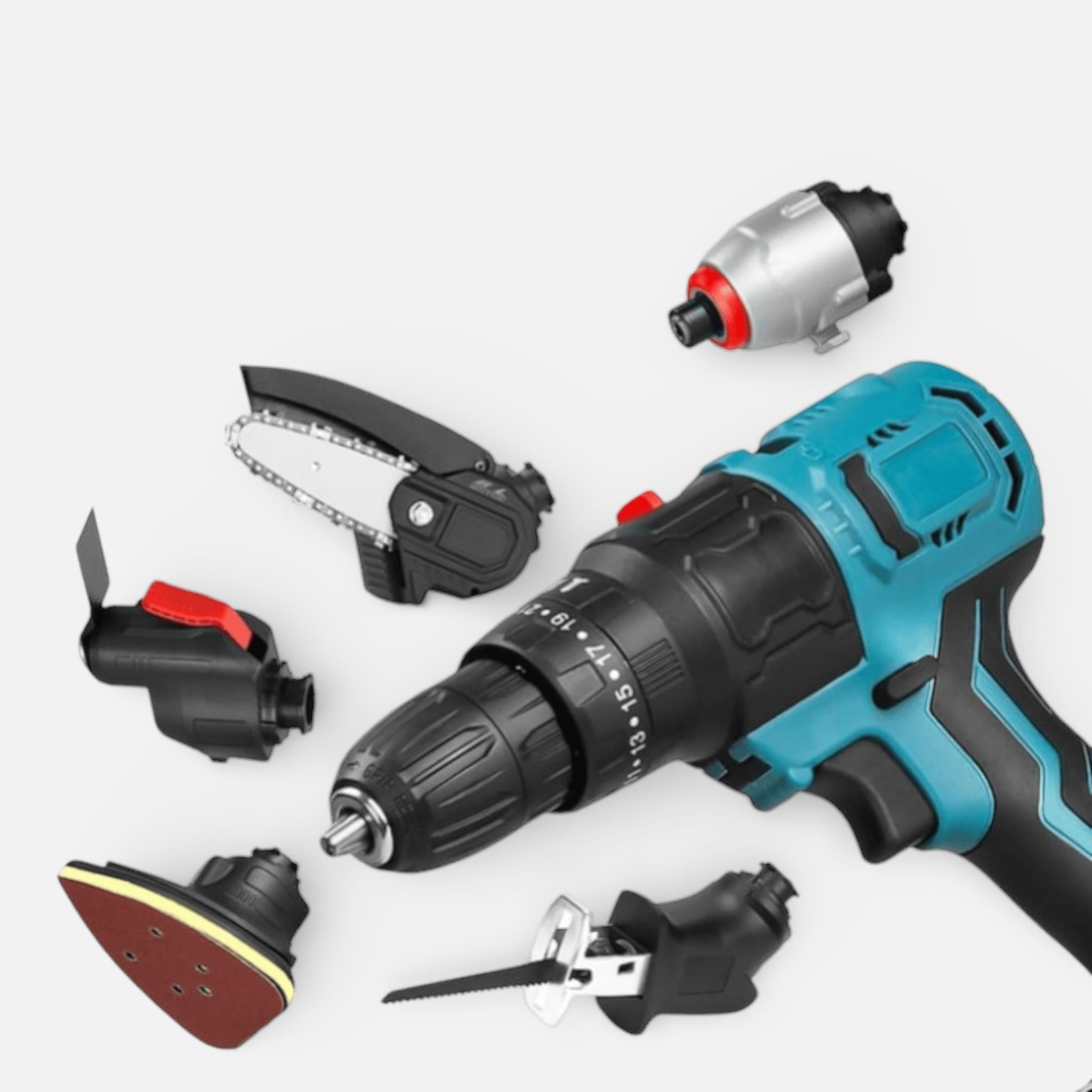 Bormasina fara fir AEIDEN, drujba cu lant interschimbabil, fierastrau sabie, surubelnita, cap de slefuire, lopata, cap multifunctional cu adaptor USB, 2 acumulatori 48V si incarcator, trusa multifunctionala