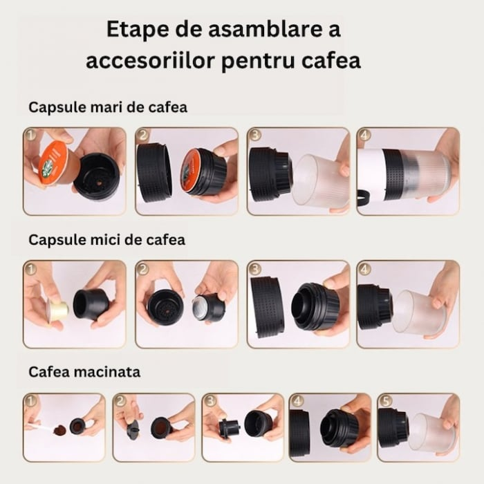 Espressor electric portabil, Aparat de cafea portabil, cafea macinata, capsule Nespresso, Nescafe, Dolce Gusto, mod incalzire apa sau cafea rece, putere 72W, baterie 2500mAh, incarcare USB C