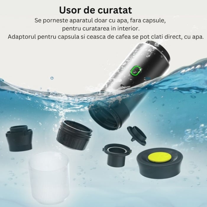 Espressor electric portabil, Aparat de cafea portabil, cafea macinata, capsule Nespresso, Nescafe, Dolce Gusto, mod incalzire apa sau cafea rece, putere 72W, baterie 2500mAh, incarcare USB C