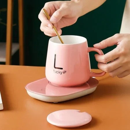 Cana de cafea din ceramica, cu capac si lingurita, incalzitor cu USB, 55 grade, controlul temperaturii