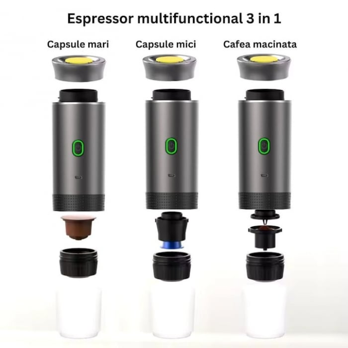Espressor electric portabil, Aparat de cafea portabil, cafea macinata, capsule Nespresso, Nescafe, Dolce Gusto, mod incalzire apa sau cafea rece, putere 72W, baterie 2500mAh, incarcare USB C