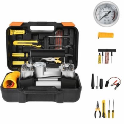 Kit pana auto complet, Compresor auto cu 2 cilindri, 12V, Metalic, Plus accesorii pana