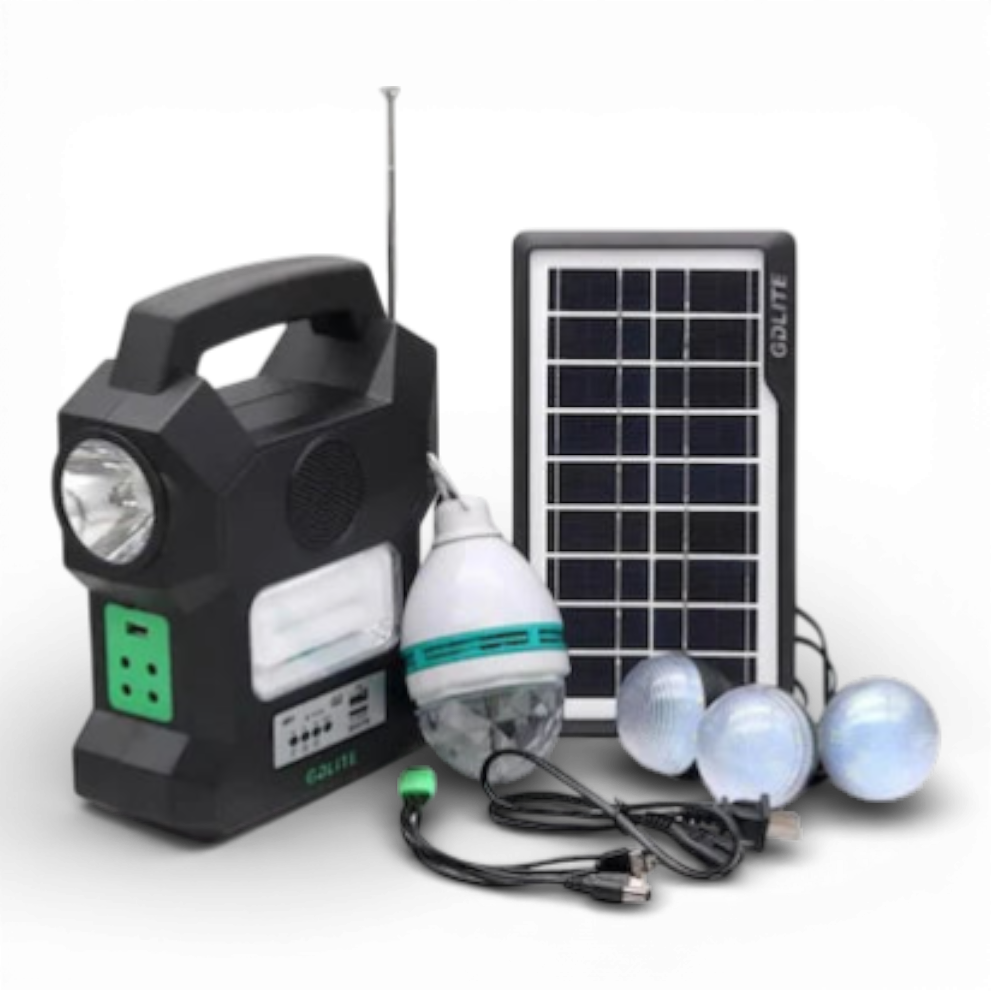 Kit Solar Portabil GDLITE GD-1000A, Panou Solar, USB, Bluetooth, Radio FM, MP3, Lanterna LED, 4 Becuri Incluse, Alimentare 220V
